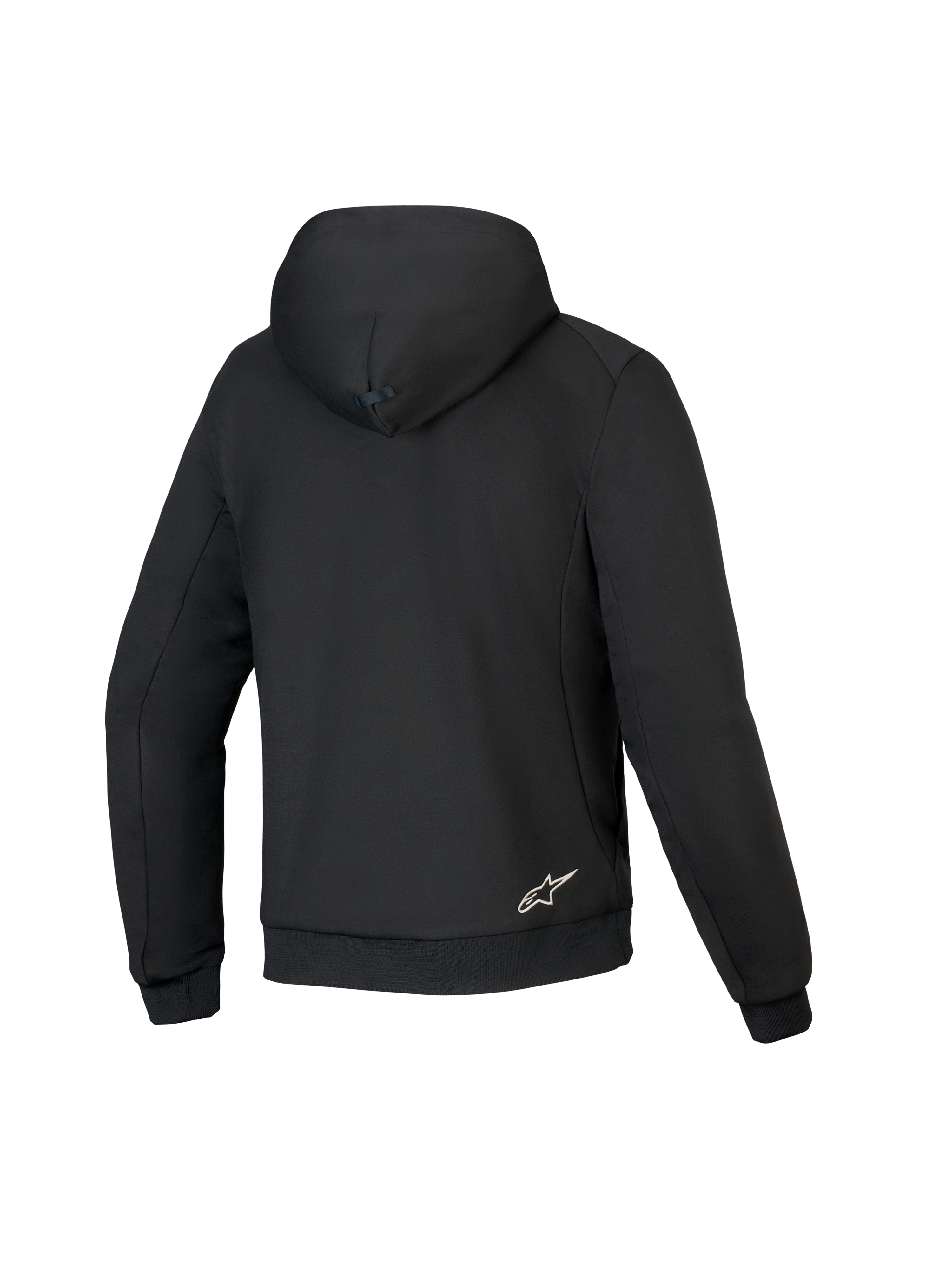 Alpinestars Honda Chrome V3 Sport Hoodie, noir, vue arrière du sweat à capuche de moto, construction en polaire technique, doté d'une capuche avec bouton-pression, poignets et ourlet côtelés, petit logo Alpinestars blanc en bas du dos