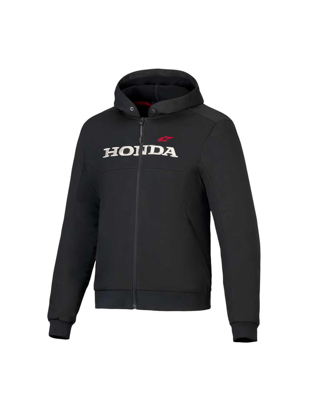 Alpinestars Honda Chrome V3 Sport Hoodie, veste noire à capuche avec fermeture éclair frontale, logo HONDA blanc et étoile rouge sur la poitrine, manches longues avec poignets côtelés, doublure de capuche rouge, vêtement de moto urbain
