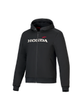Alpinestars Honda Chrome V3 Sport Hoodie, veste noire à capuche avec fermeture éclair frontale, logo HONDA blanc et étoile rouge sur la poitrine, manches longues avec poignets côtelés, doublure de capuche rouge, vêtement de moto urbain