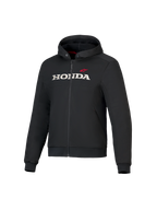 Alpinestars Honda Chrome V3 Sport Hoodie, veste noire à capuche avec fermeture éclair frontale, logo HONDA blanc et étoile rouge sur la poitrine, manches longues avec poignets côtelés, doublure de capuche rouge, vêtement de moto urbain