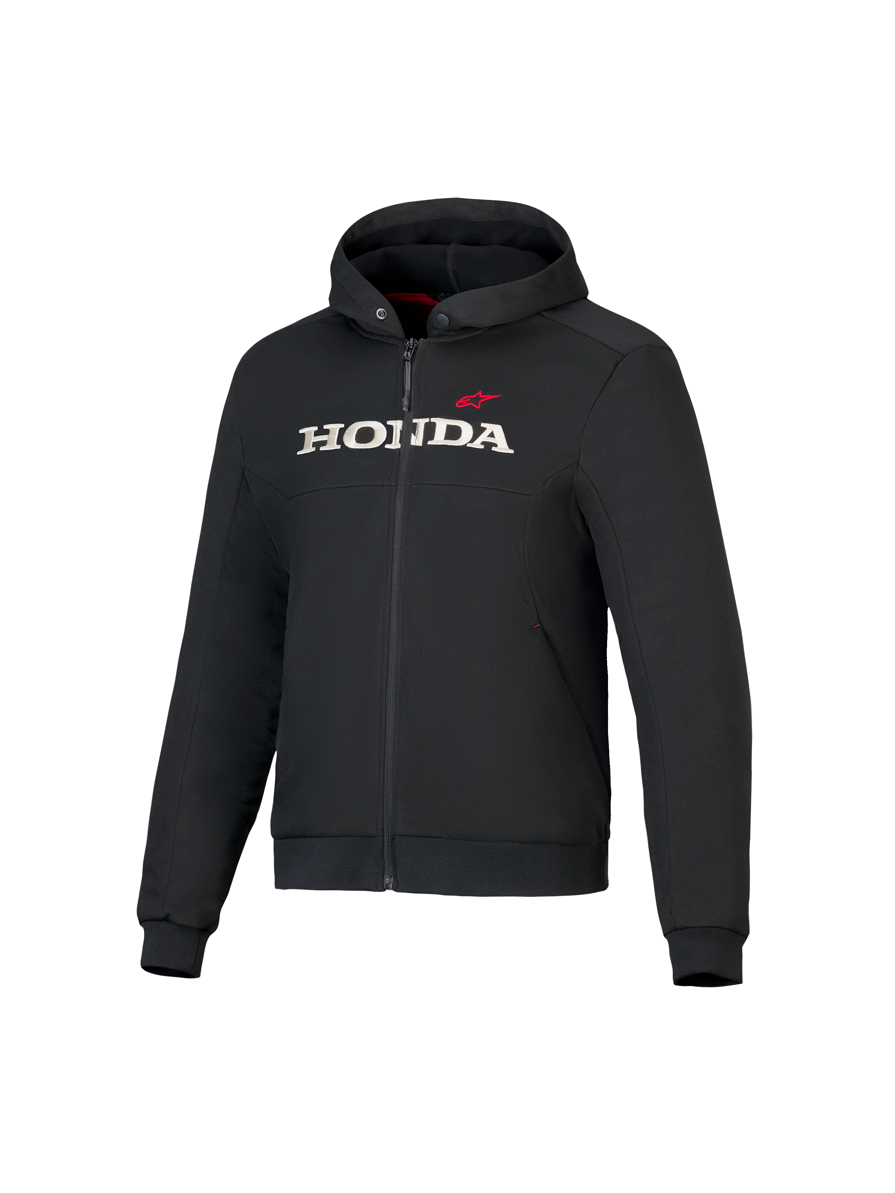 Alpinestars Honda Chrome V3 Sport Hoodie, veste noire à capuche avec fermeture éclair frontale, logo HONDA blanc et étoile rouge sur la poitrine, manches longues avec poignets côtelés, doublure de capuche rouge, vêtement de moto urbain
