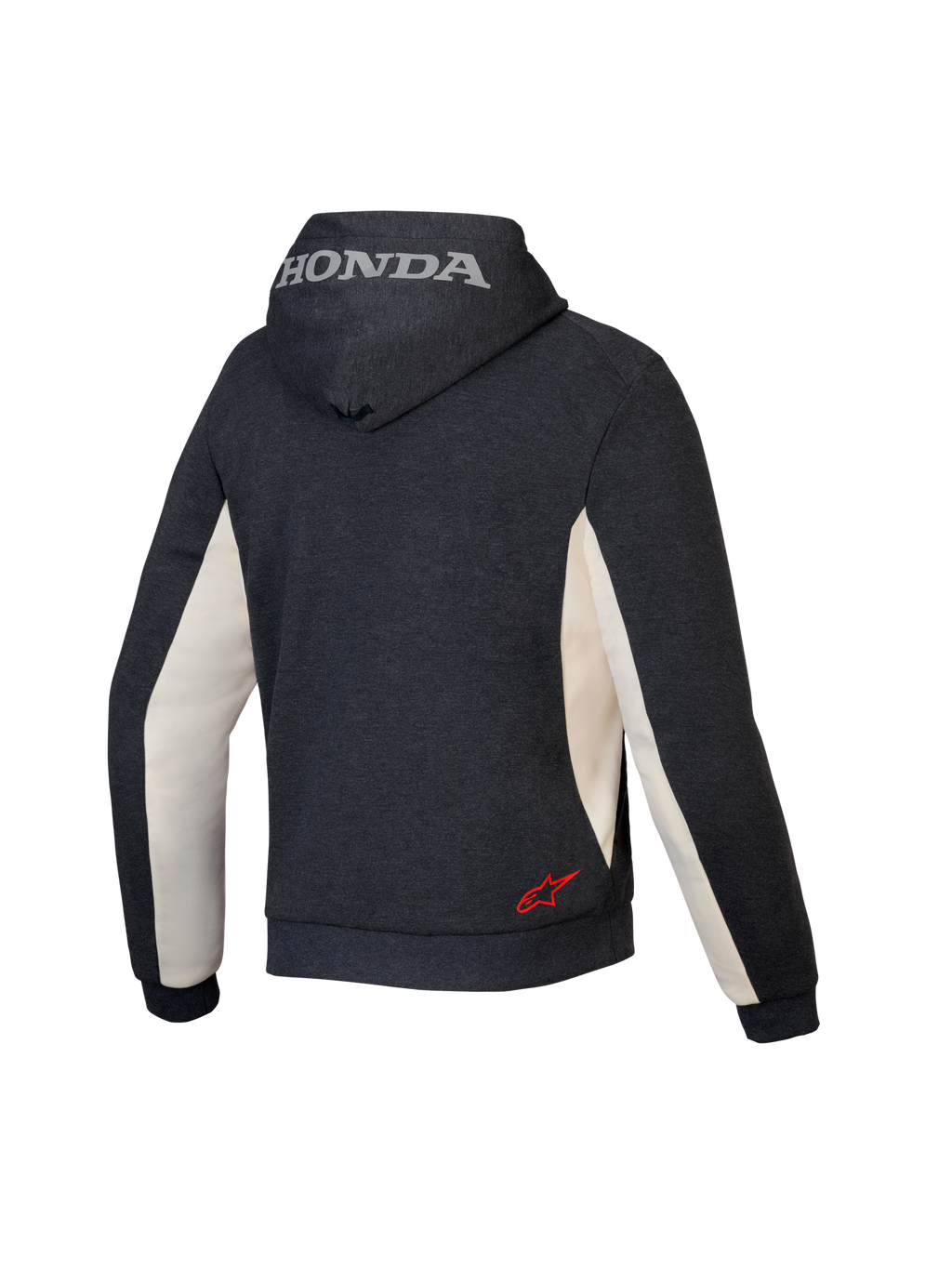 Alpinestars Honda Chrome V3 Sport Hoodie, sweat à capuche de moto urbain, anthracite chiné et blanc cassé, vue arrière montrant le logo Honda argenté sur la capuche et le logo étoile Alpinestars rouge en bas du dos, construction en polaire technique