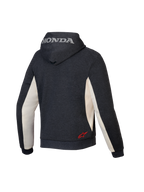 Alpinestars Honda Chrome V3 Sport Hoodie, sweat à capuche de moto urbain, anthracite chiné et blanc cassé, vue arrière montrant le logo Honda argenté sur la capuche et le logo étoile Alpinestars rouge en bas du dos, construction en polaire technique