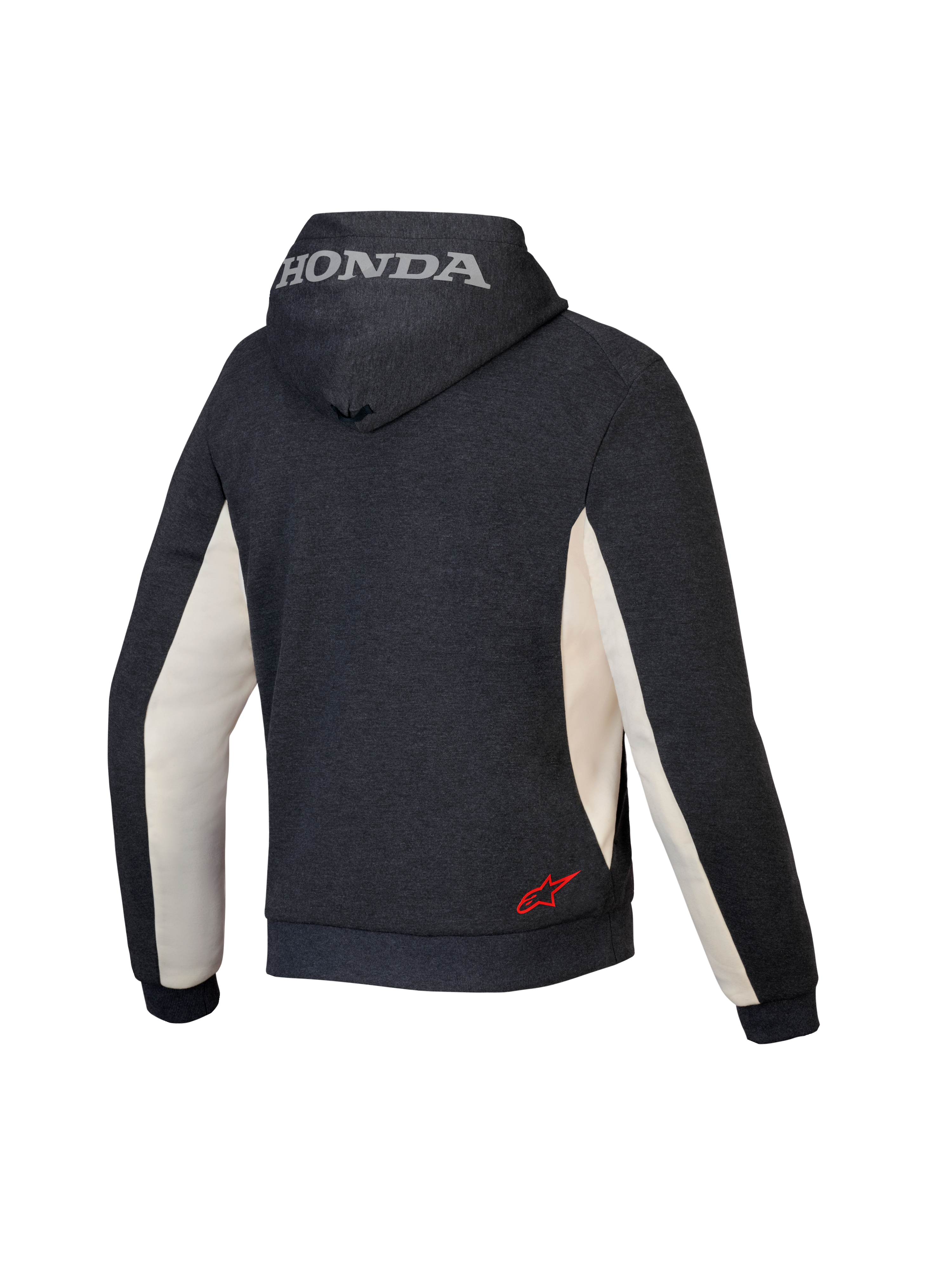 Alpinestars Honda Chrome V3 Sport Hoodie, sweat à capuche de moto urbain, anthracite chiné et blanc cassé, vue arrière montrant le logo Honda argenté sur la capuche et le logo étoile Alpinestars rouge en bas du dos, construction en polaire technique