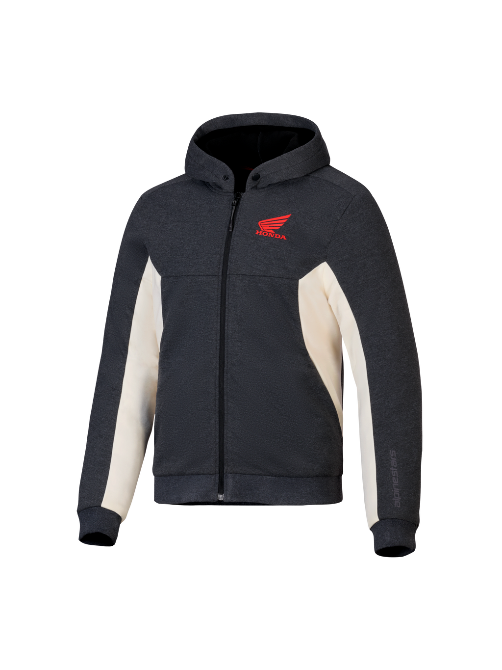 Alpinestars Honda Chrome V3 Sport Hoodie, anthracite chiné et blanc cassé, logo Honda Wing rouge sur la poitrine, polaire technique entièrement zippée avec capuche à bouton-pression et poignets côtelés, équipement de moto urbain décontracté