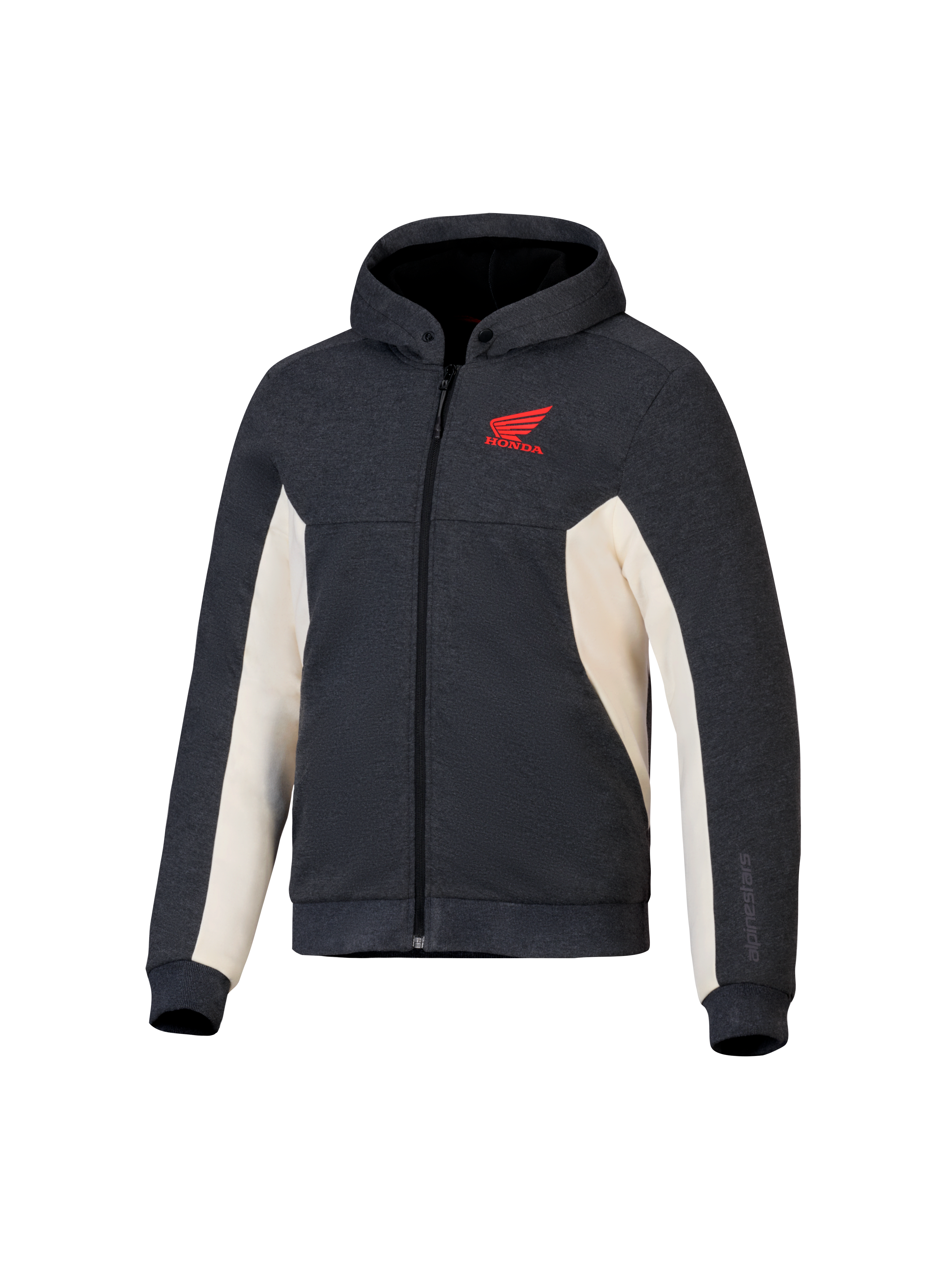 Alpinestars Honda Chrome V3 Sport Hoodie, anthracite chiné et blanc cassé, logo Honda Wing rouge sur la poitrine, polaire technique entièrement zippée avec capuche à bouton-pression et poignets côtelés, équipement de moto urbain décontracté