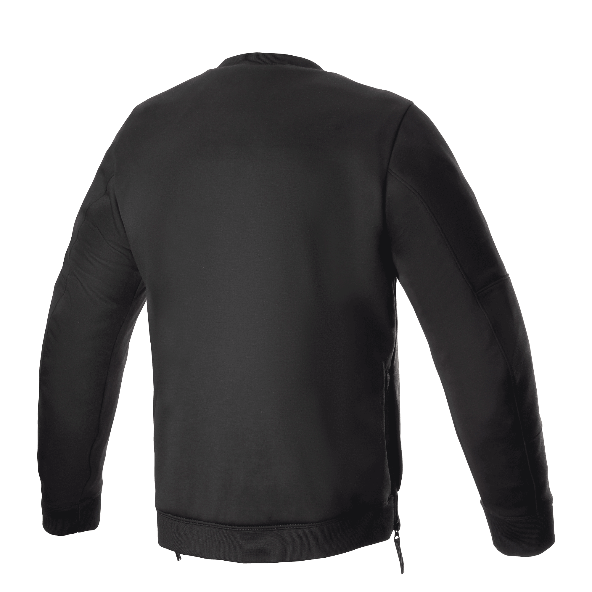 Alpinestars Legit Crew Fleece, Black, back view of urban motorcycle riding pullover, crew neck with ribbed cuffs and hem, side zippers for access, casual protective gear for riders