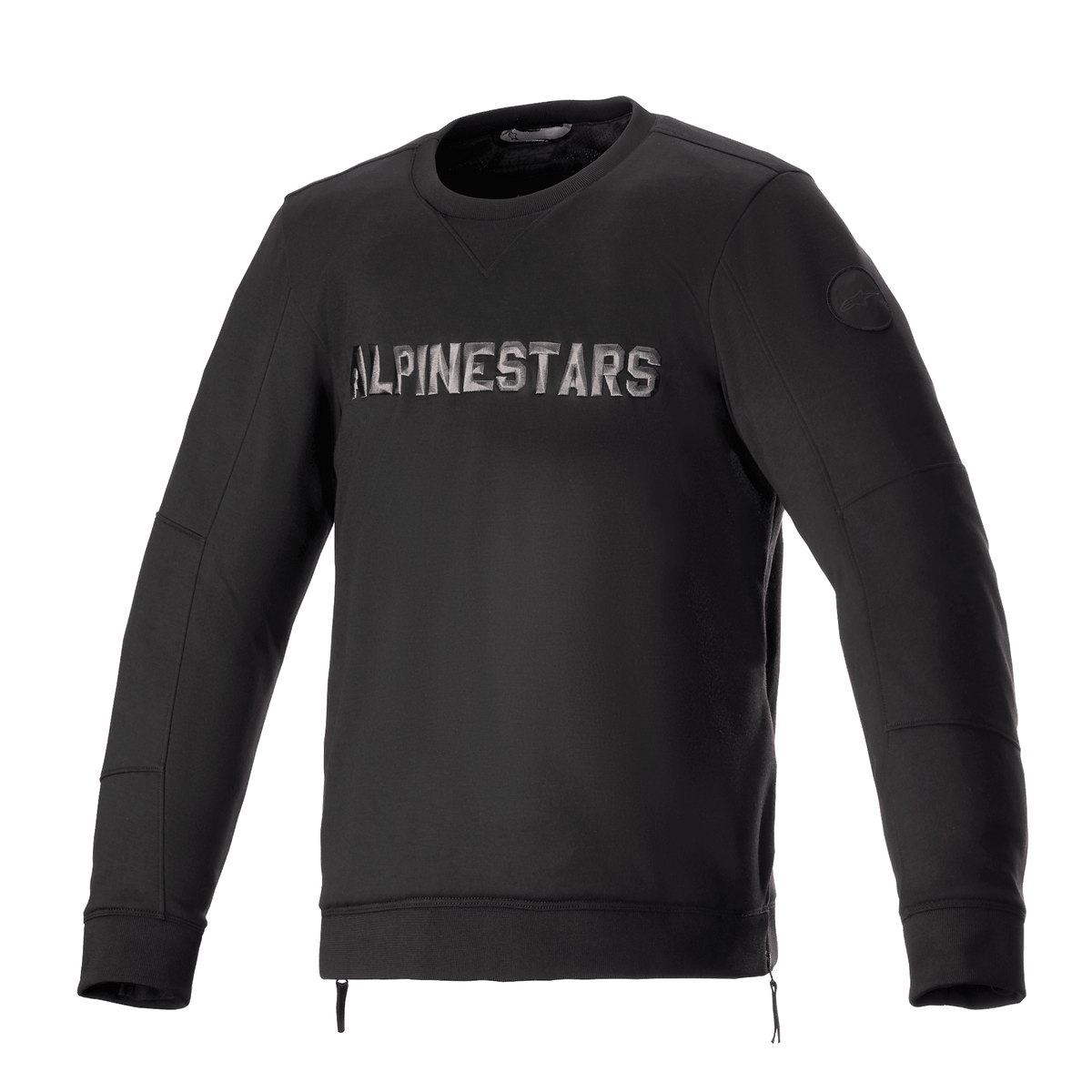 Alpinestars Legit Crew Fleece, veste de moto urbaine, noir et gris, pull à col rond avec logo métallique sur la poitrine, fermetures éclair latérales, poignets et ourlet côtelés, équipement de conduite décontracté