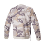 Alpinestars Legit Crew Fleece, pull-over de moto, camouflage gris clair, vue de dos, motif camouflage dans des tons de gris et beige, col et ourlet côtelés, fermetures éclair latérales, équipement de moto urbain décontracté