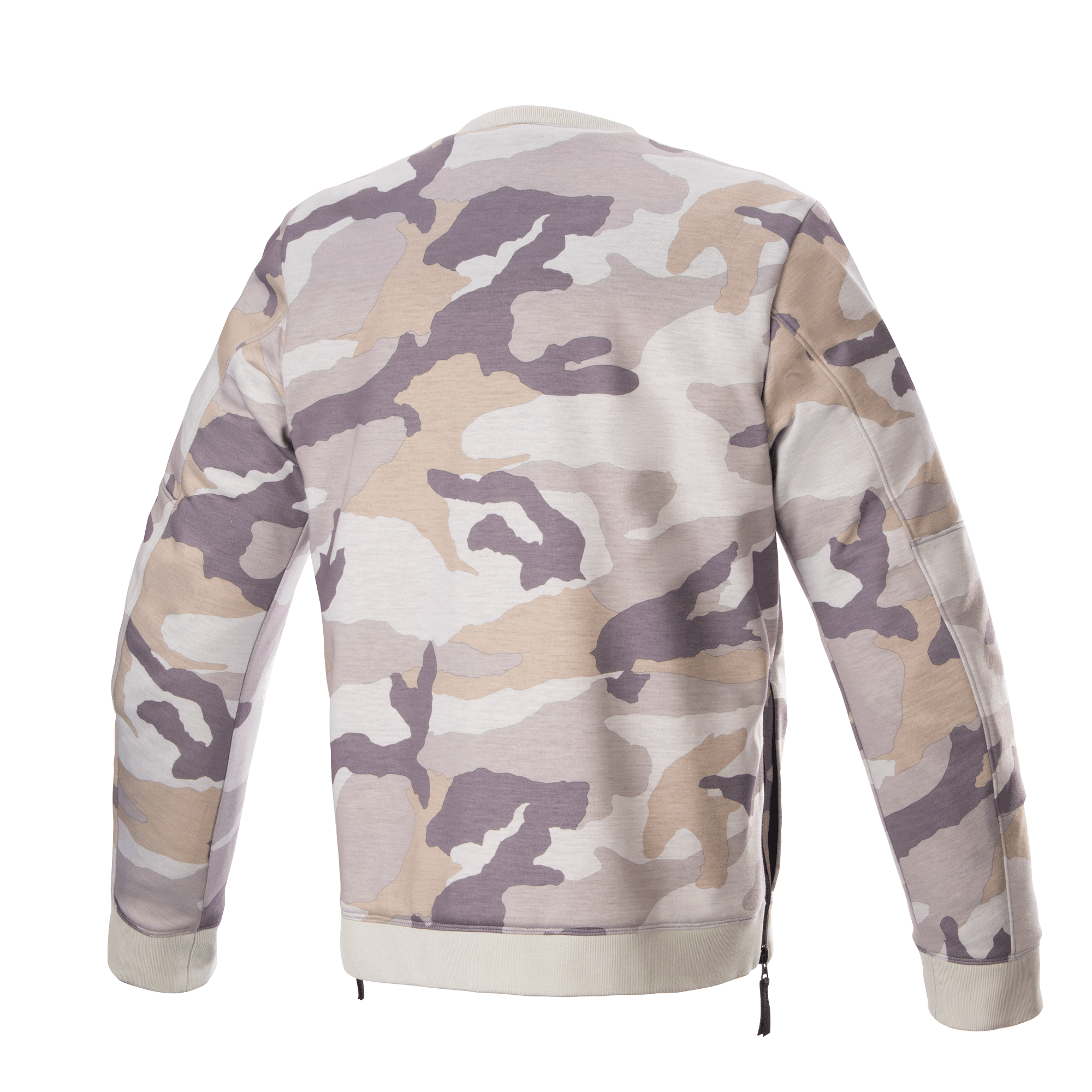 Alpinestars Legit Crew Fleece, pull-over de moto, camouflage gris clair, vue de dos, motif camouflage dans des tons de gris et beige, col et ourlet côtelés, fermetures éclair latérales, équipement de moto urbain décontracté