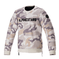 Alpinestars Legit Crew Fleece, pull-over de moto, camouflage gris clair, logo ALPINESTARS noir sur la poitrine, écusson circulaire noir sur la manche, poignets et ourlet côtelés, vêtement de conduite urbain décontracté