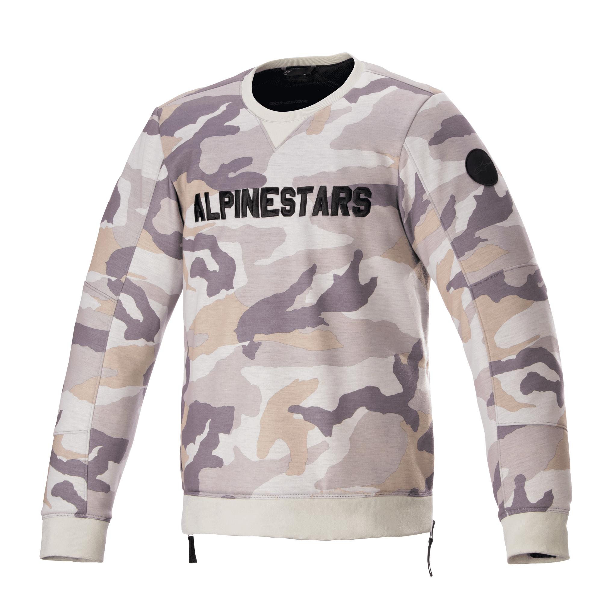 Alpinestars Legit Crew Fleece, pull-over de moto, camouflage gris clair, logo ALPINESTARS noir sur la poitrine, écusson circulaire noir sur la manche, poignets et ourlet côtelés, vêtement de conduite urbain décontracté