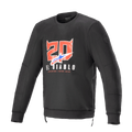 Alpinestars FQ20 Legit Crew Fleece, sweat-shirt de moto noir à manches longues, graphismes '20' avec cornes de diable rouges et 'El Diablo' sur la poitrine, logo en dégradé bleu et rouge, fermetures éclair latérales et finitions côtelées, équipement de conduite urbain décontracté
