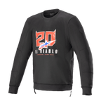 Alpinestars FQ20 Legit Crew Fleece, sweat-shirt de moto noir à manches longues, graphismes '20' avec cornes de diable rouges et 'El Diablo' sur la poitrine, logo en dégradé bleu et rouge, fermetures éclair latérales et finitions côtelées, équipement de conduite urbain décontracté