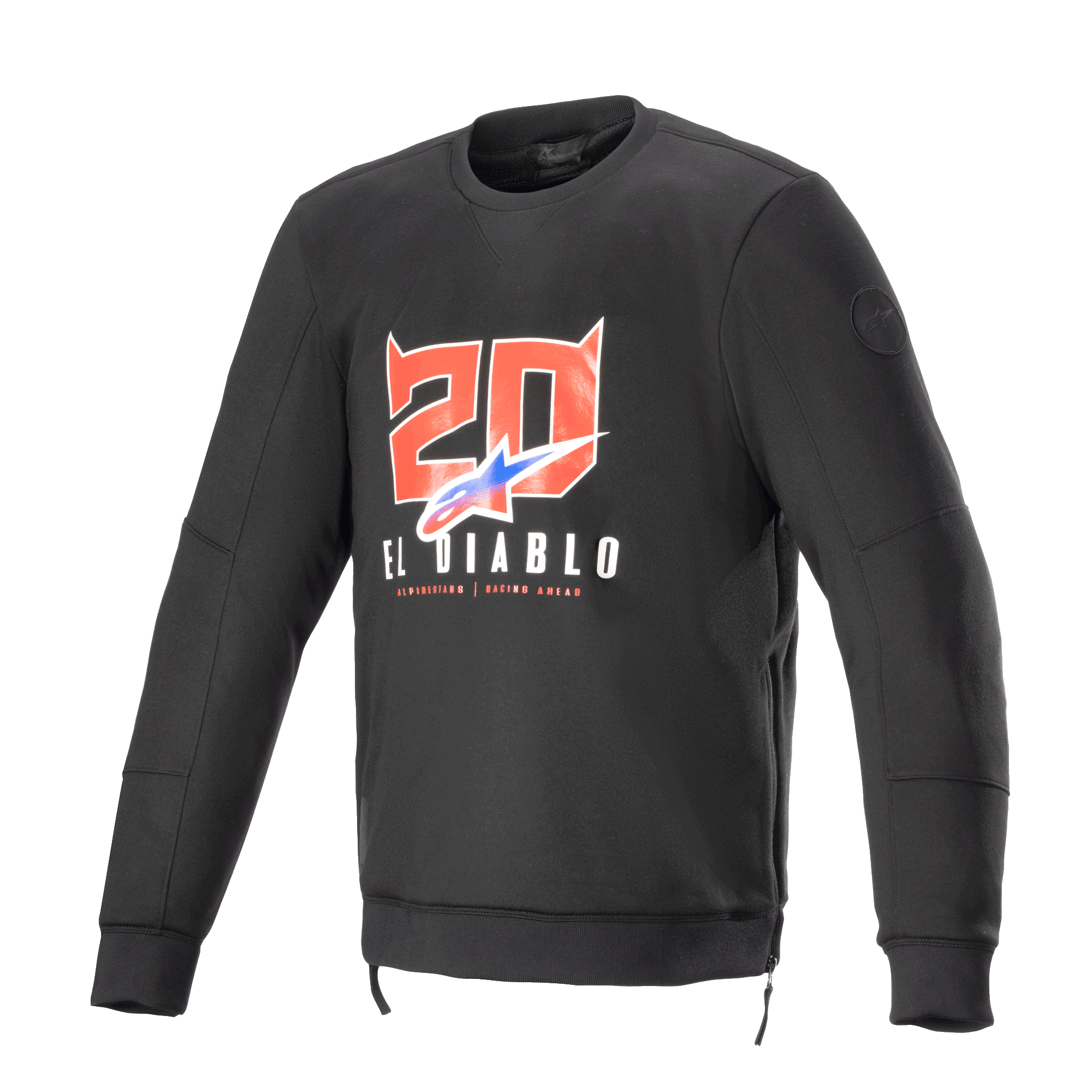 Alpinestars FQ20 Legit Crew Fleece, sweat-shirt de moto noir à manches longues, graphismes '20' avec cornes de diable rouges et 'El Diablo' sur la poitrine, logo en dégradé bleu et rouge, fermetures éclair latérales et finitions côtelées, équipement de conduite urbain décontracté