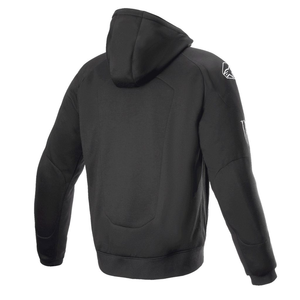 Sweat à capuche Alpinestars FQ20 Chrome Ignition Monster, sweat à capuche de moto noir, vue de dos, logo Alpinestars blanc sur l'épaule, marquage Monster Energy sur la manche, design urbain décontracté avec construction textile protectrice