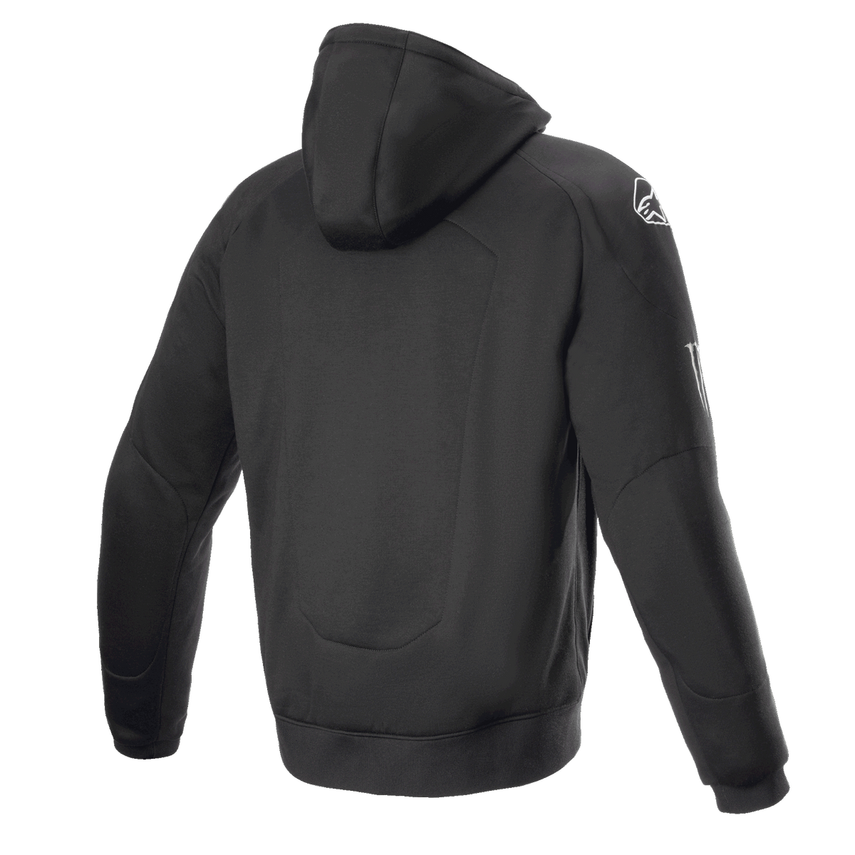 Sweat à capuche Alpinestars FQ20 Chrome Ignition Monster, sweat à capuche de moto noir, vue de dos, logo Alpinestars blanc sur l'épaule, marquage Monster Energy sur la manche, design urbain décontracté avec construction textile protectrice