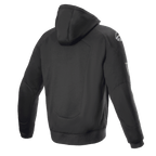 Sweat à capuche Alpinestars FQ20 Chrome Ignition Monster, sweat à capuche de moto noir, vue de dos, logo Alpinestars blanc sur l'épaule, marquage Monster Energy sur la manche, design urbain décontracté avec construction textile protectrice