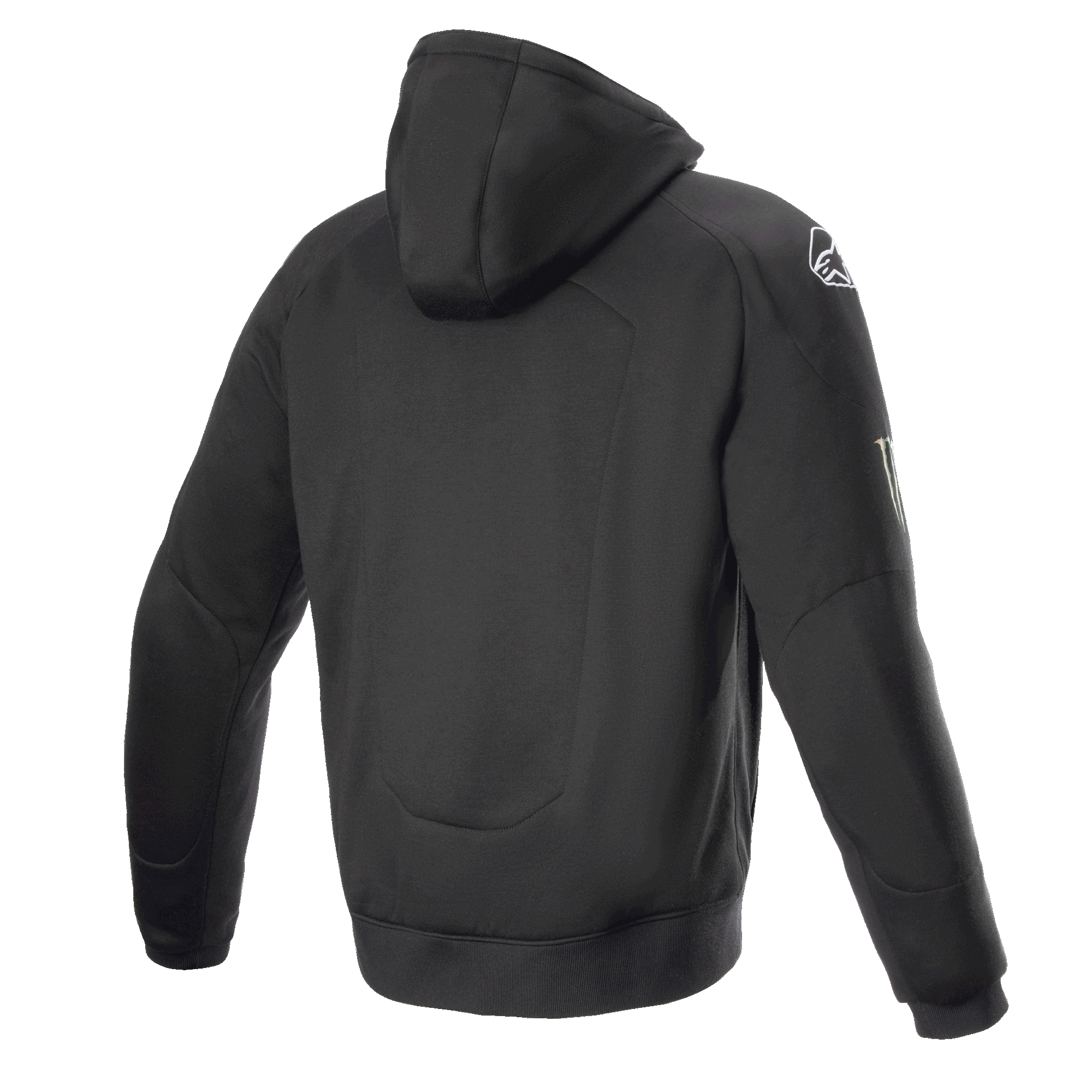 Sweat à capuche Alpinestars FQ20 Chrome Ignition Monster, sweat à capuche de moto noir, vue de dos, logo Alpinestars blanc sur l'épaule, marquage Monster Energy sur la manche, design urbain décontracté avec construction textile protectrice