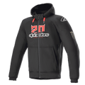 Alpinestars FQ20 Chrome Ignition Monster Hoodie, sweat à capuche de moto noir à fermeture éclair, logo « 20 » rouge et blanc sur la poitrine, lettrage Alpinestars, cordons rouges, logo blanc sur l'épaule, griffe Monster Energy sur la manche, équipement de protection pour la conduite urbaine