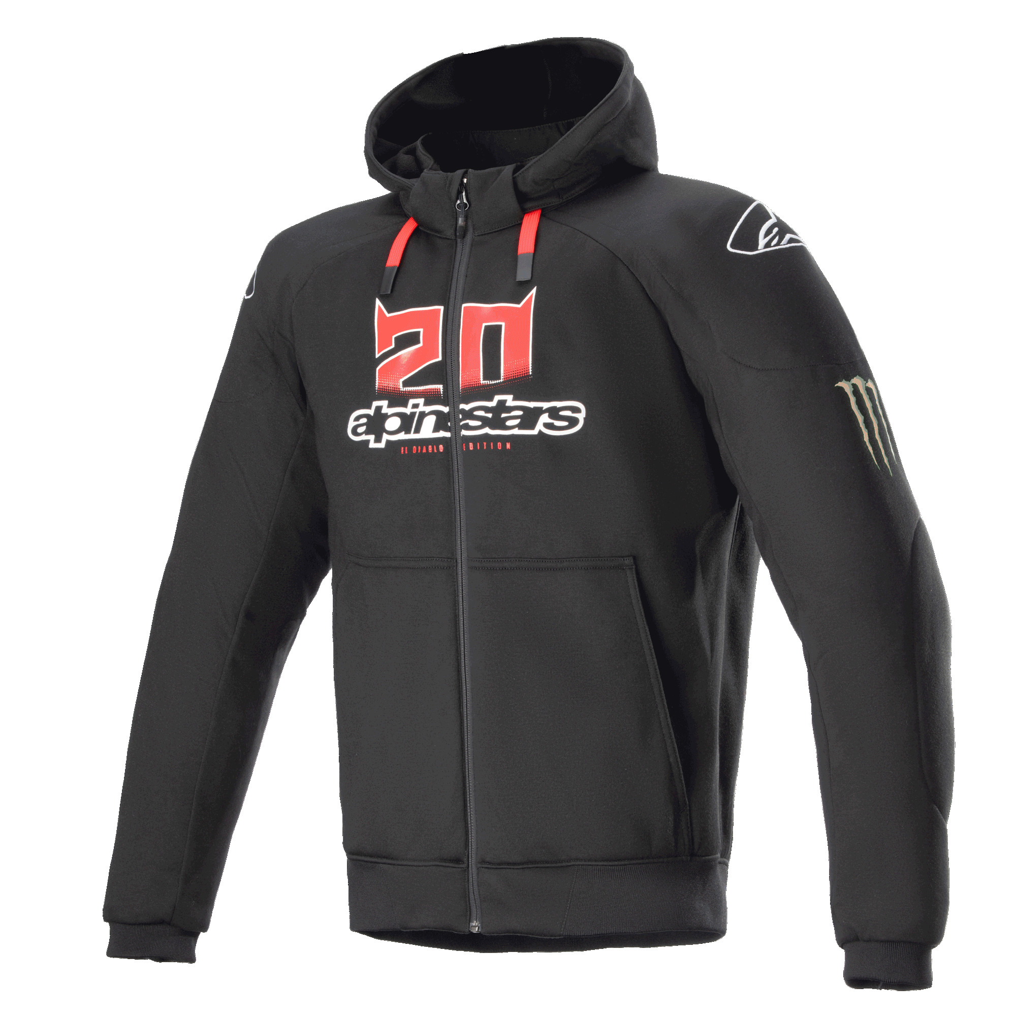 Alpinestars FQ20 Chrome Ignition Monster Hoodie, sweat à capuche de moto noir à fermeture éclair, logo « 20 » rouge et blanc sur la poitrine, lettrage Alpinestars, cordons rouges, logo blanc sur l'épaule, griffe Monster Energy sur la manche, équipement de protection pour la conduite urbaine