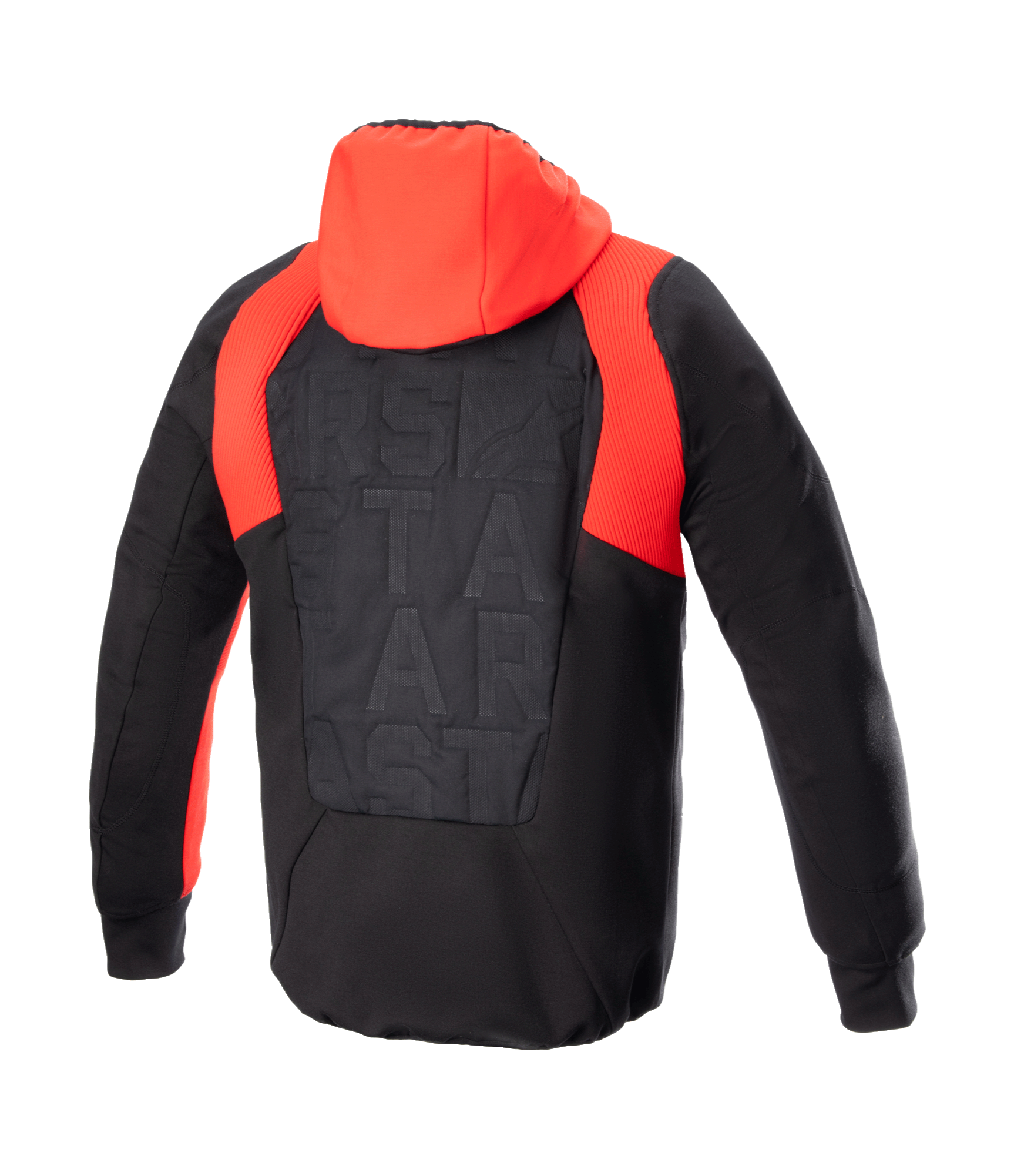 Veste à capuche Alpinestars MO.ST.EQ Hybrid, vue de dos, noir et rouge vif, avec capuche rouge et accents côtelés aux épaules, panneau dorsal rembourré sans couture avec logo ton sur ton, sweat à capuche de protection pour moto urbaine