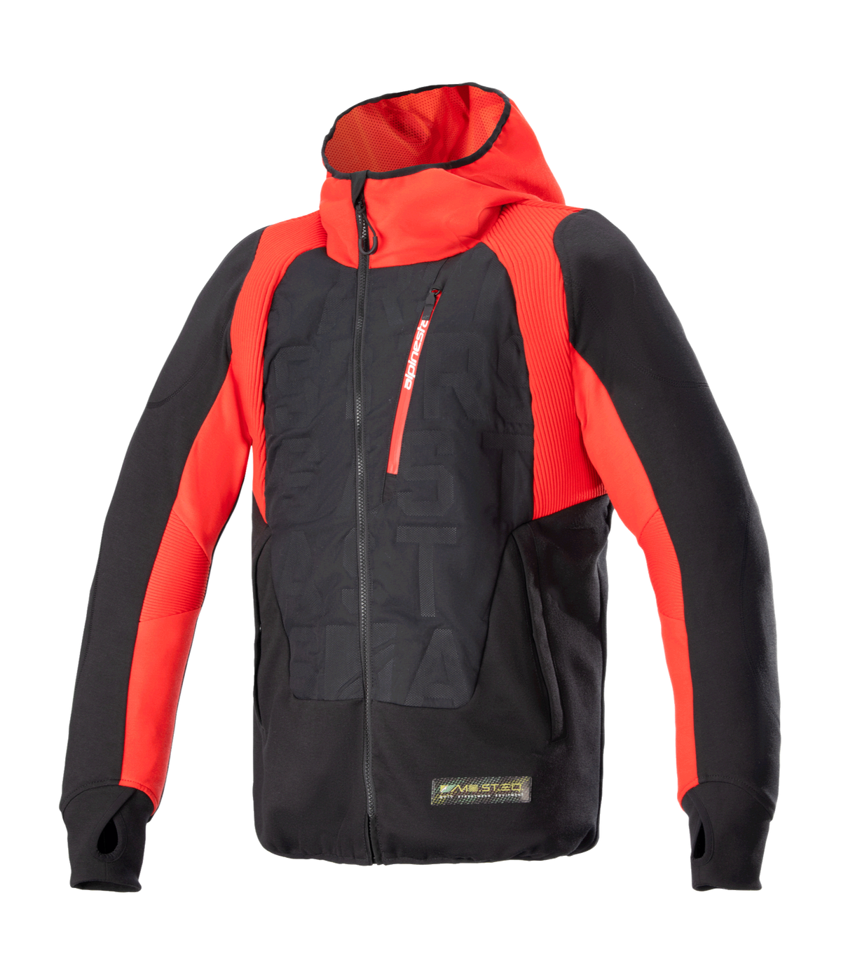 Alpinestars MO.ST.EQ Hybrid Hooded Jacket, sweat à capuche technique pour moto, noir et rouge vif, avec fermeture éclair frontale inclinée, poche de poitrine rouge, motif gaufré sur le torse et passants pour les pouces, alliant style urbain et protection pour la moto
