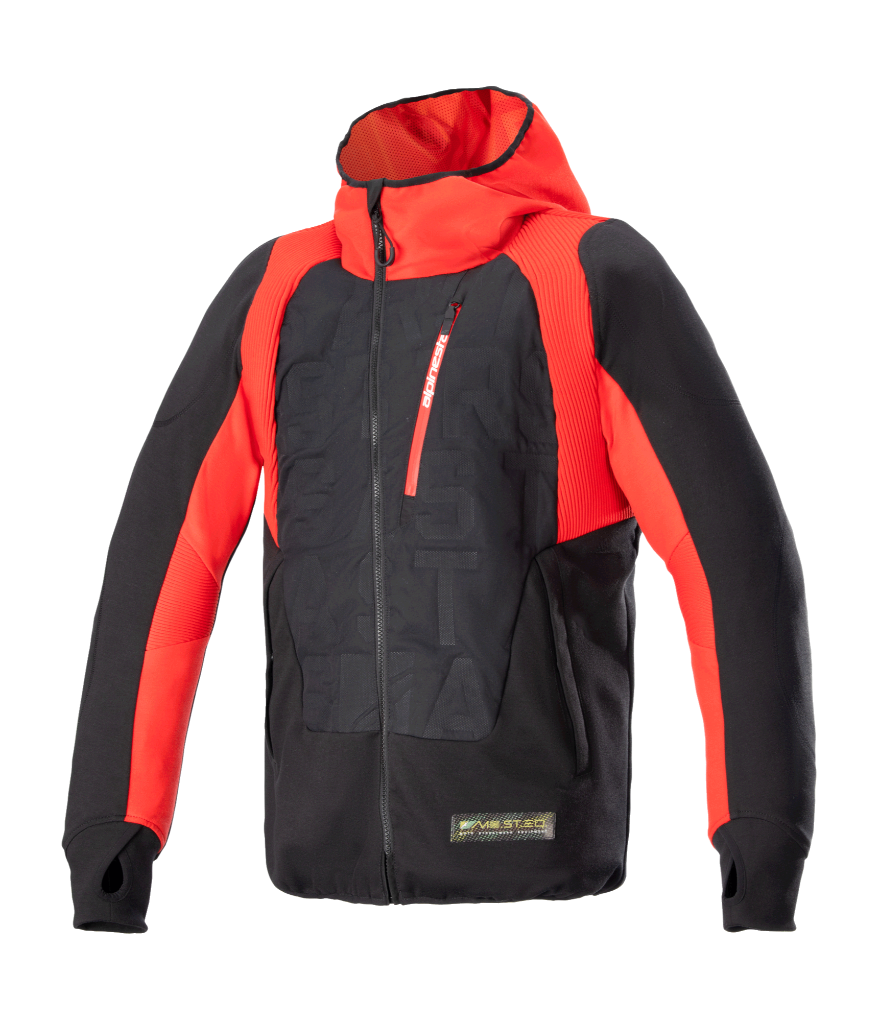 Alpinestars MO.ST.EQ Hybrid Hooded Jacket, sweat à capuche technique pour moto, noir et rouge vif, avec fermeture éclair frontale inclinée, poche de poitrine rouge, motif gaufré sur le torse et passants pour les pouces, alliant style urbain et protection pour la moto