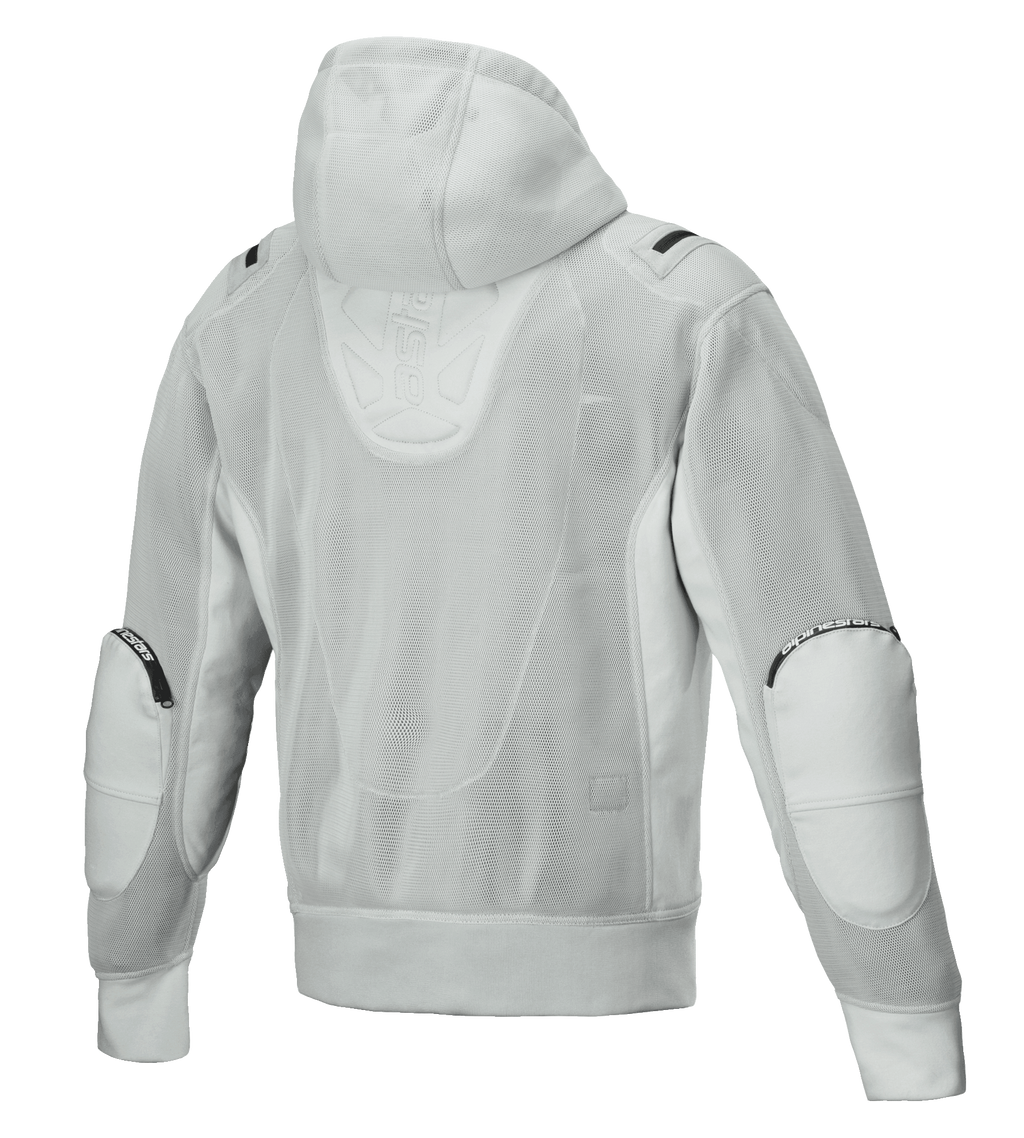 Alpinestars Moflow Air Tech Hoodie, Men's Motorcycle Jacket, Gray, Back view featuring full high-density mesh construction, mesh hood, reinforced elbow panels, and subtle Alpinestars branding, urban tech-wear design