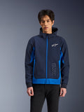 Alpinestars Radium Tech Hoodie, Urban Motorcycle Jacket, Night Navy and Royal Blue, featuring front zipper, white chest logo, and vertical branding, technical shell construction with an athletic fit