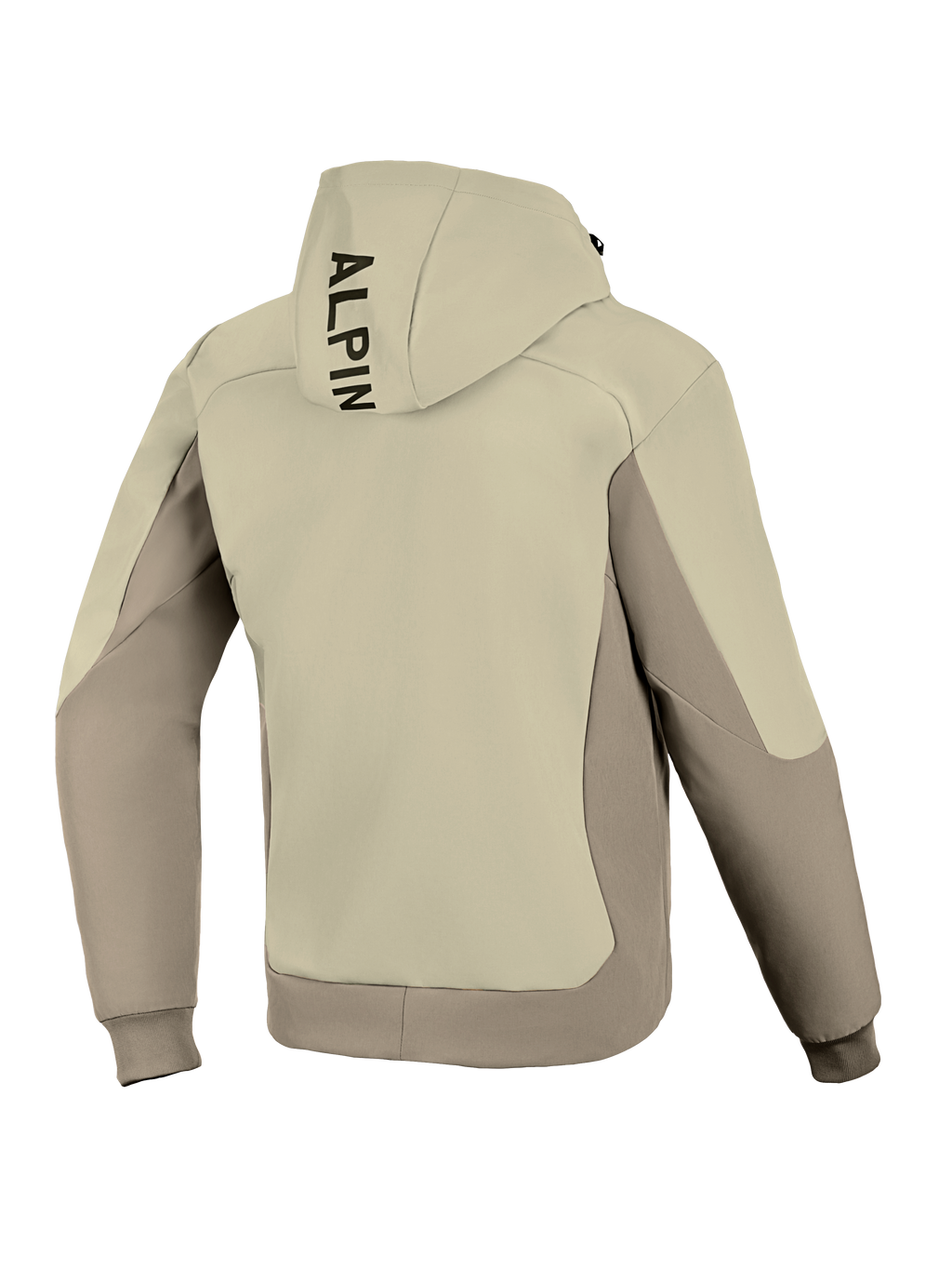Alpinestars Radium Tech Hoodie, vue de dos, Mastic Aluminum, veste de moto urbaine, design textile bicolore beige et gris, marquage vertical noir sur la capuche, poignets et ourlet côtelés, matière technique coupe-vent pour la conduite urbaine.