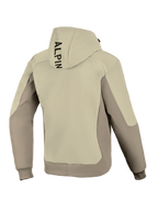 Alpinestars Radium Tech Hoodie, vue de dos, Mastic Aluminum, veste de moto urbaine, design textile bicolore beige et gris, marquage vertical noir sur la capuche, poignets et ourlet côtelés, matière technique coupe-vent pour la conduite urbaine.
