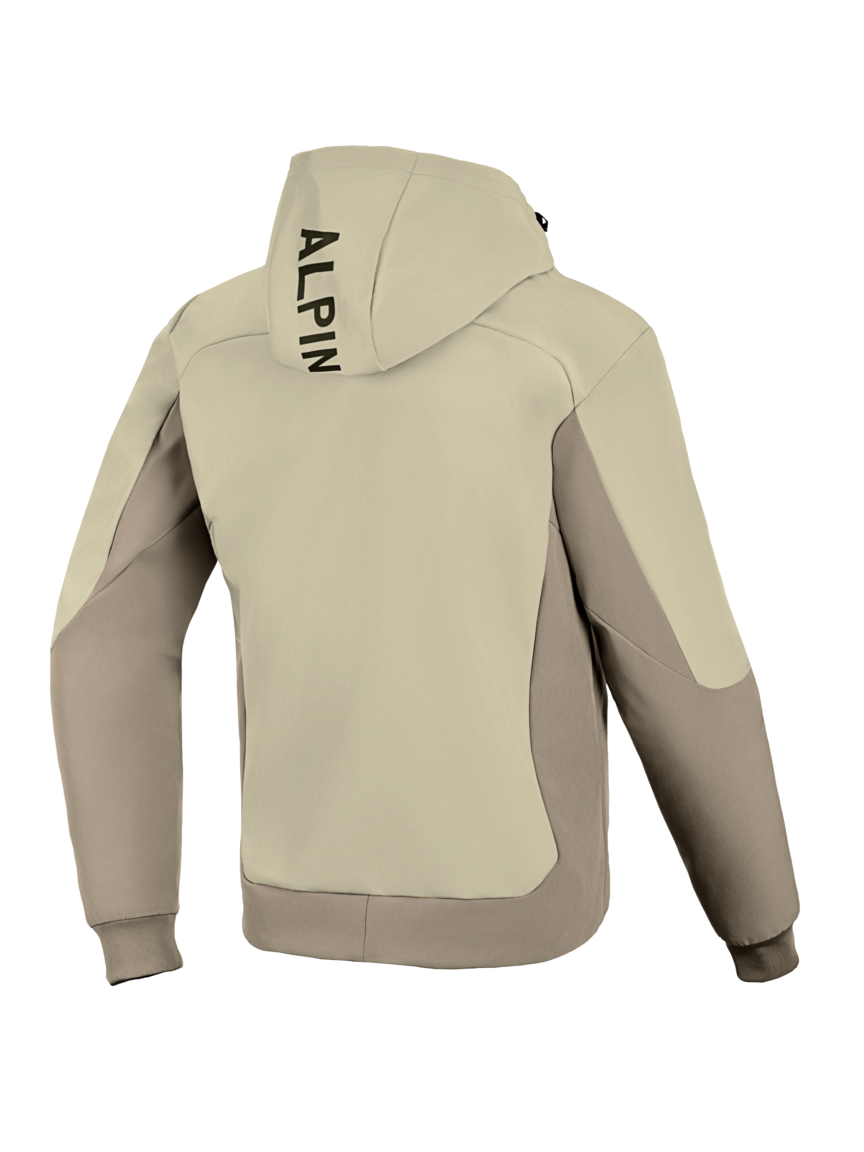 Alpinestars Radium Tech Hoodie, vue de dos, Mastic Aluminum, veste de moto urbaine, design textile bicolore beige et gris, marquage vertical noir sur la capuche, poignets et ourlet côtelés, matière technique coupe-vent pour la conduite urbaine.