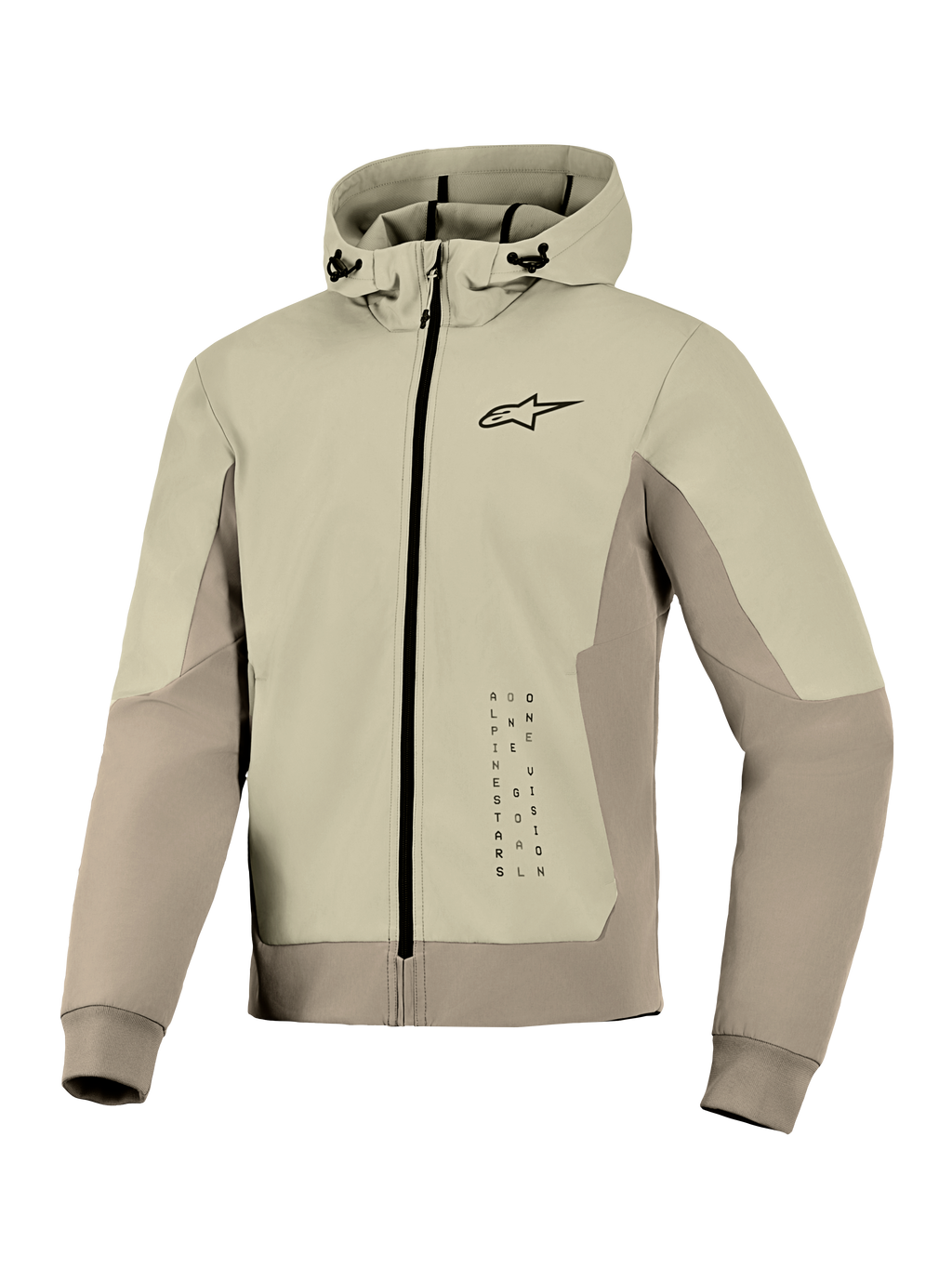 Alpinestars Radium Tech Hoodie, veste hoodie technique pour moto, Mastic Aluminium, design zippé avec petit logo noir sur la poitrine et graphique vertical, coque coupe-vent avec capuche réglable