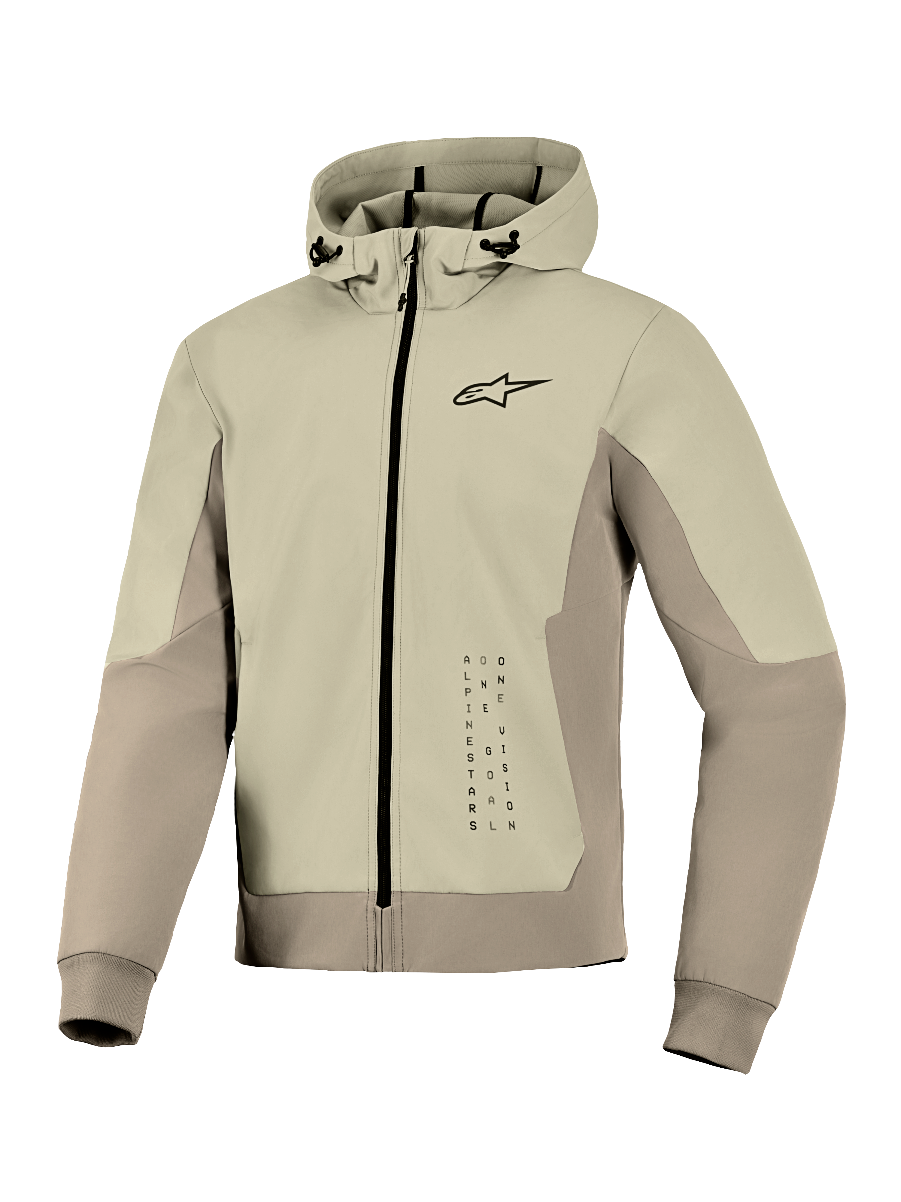 Alpinestars Radium Tech Hoodie, veste hoodie technique pour moto, Mastic Aluminium, design zippé avec petit logo noir sur la poitrine et graphique vertical, coque coupe-vent avec capuche réglable