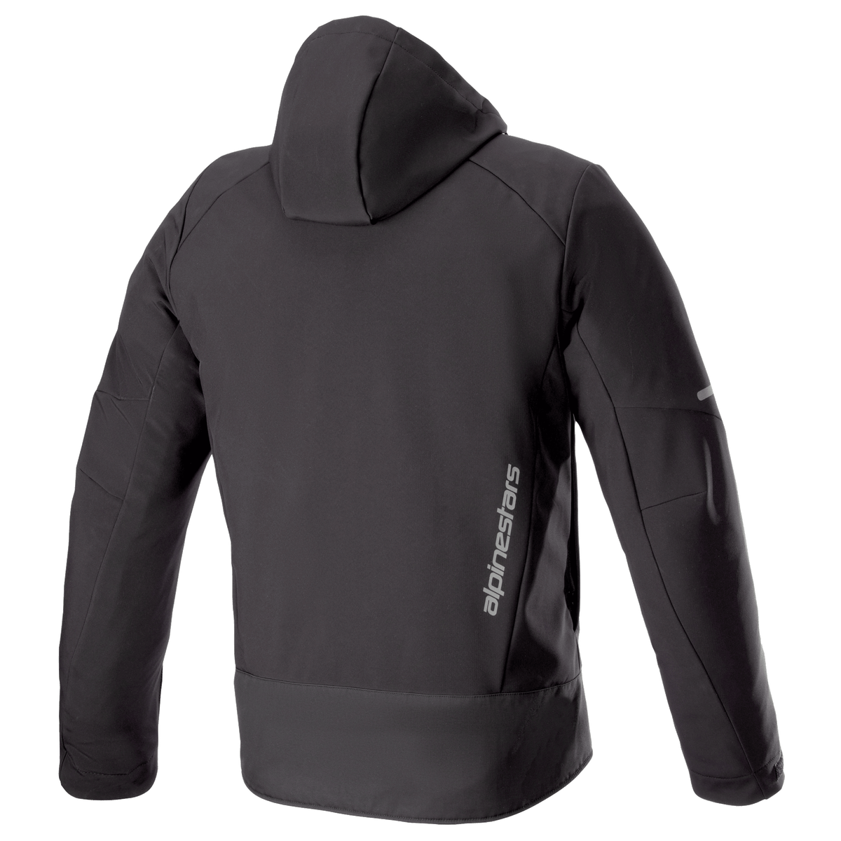 Sweat à capuche Alpinestars Neo Waterproof, veste de moto urbaine technique, noir, vue arrière montrant la capuche amovible, marquage Alpinestars vertical argenté sur le bas du dos et détails réfléchissants sur les manches.