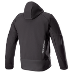 Sweat à capuche Alpinestars Neo Waterproof, veste de moto urbaine technique, noir, vue arrière montrant la capuche amovible, marquage Alpinestars vertical argenté sur le bas du dos et détails réfléchissants sur les manches.