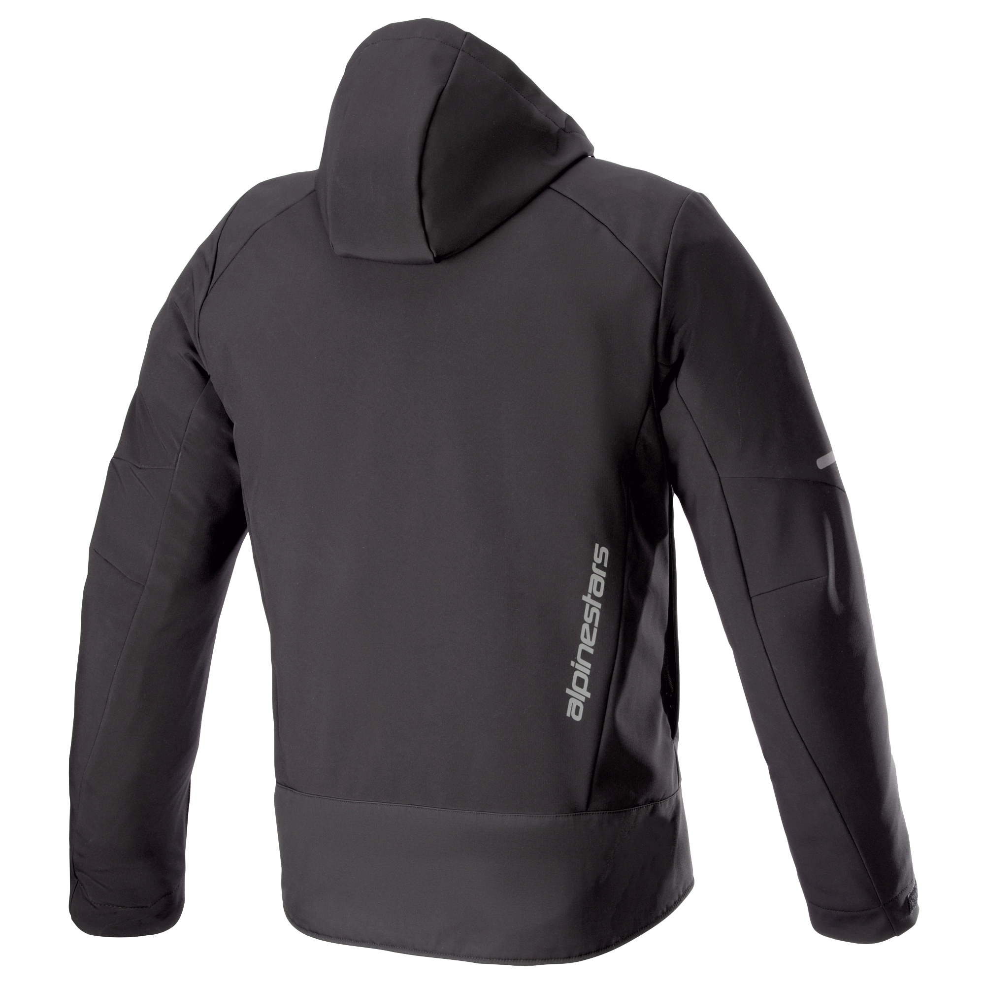 Sweat à capuche Alpinestars Neo Waterproof, veste de moto urbaine technique, noir, vue arrière montrant la capuche amovible, marquage Alpinestars vertical argenté sur le bas du dos et détails réfléchissants sur les manches.