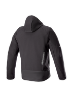 Alpinestars Neo Waterproof Hoodie, black urban motorcycle jacket for men, back view in waterproof softshell with brand logo.