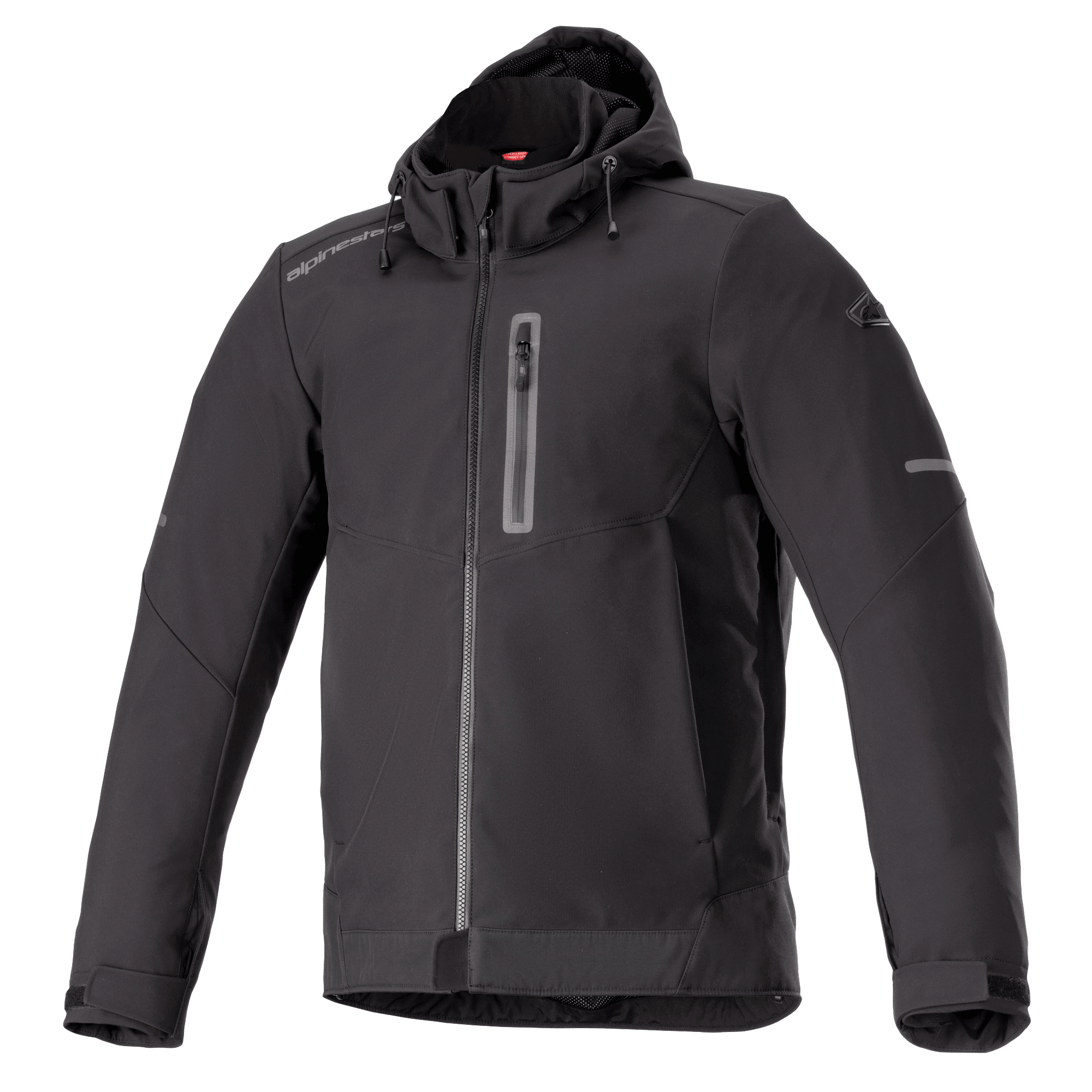 Alpinestars Neo Waterproof Hoodie, noir, veste de moto urbaine, tissu lisse résistant à l'eau, fermeture éclair intégrale, poche poitrine verticale zippée, capuche fixe à cordon de serrage, détails réfléchissants sur les manches, poignets réglables par velcro, style technique urbain