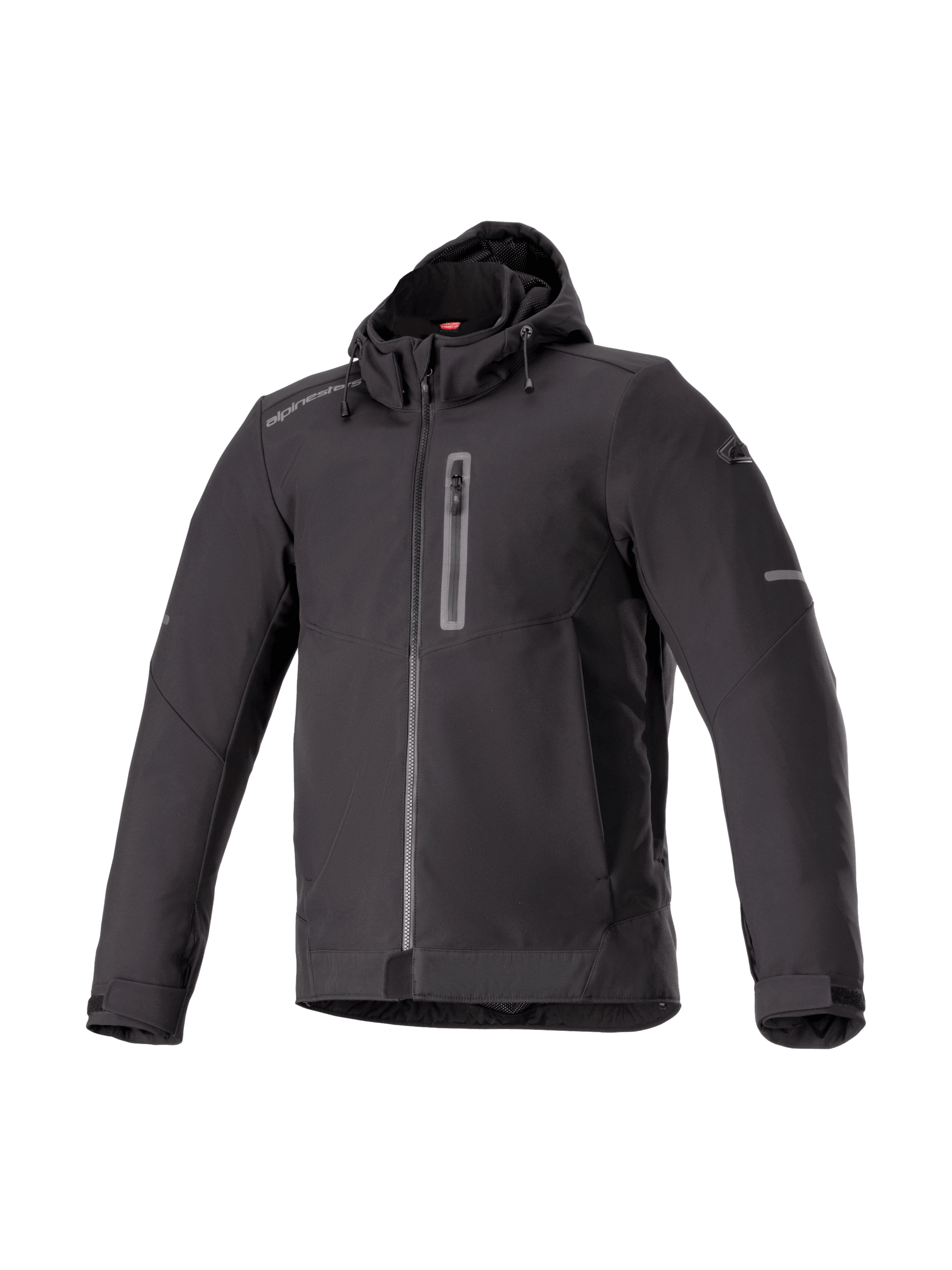 Alpinestars Neo Waterproof Hoodie, men's black urban motorcycle jacket, waterproof softshell textile, Tech-Air Ready.