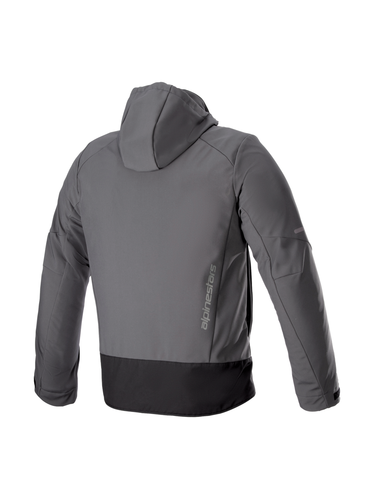 Alpinestars Neo Waterproof Hoodie, veste de moto urbaine grise et noire, softshell avec logo vertical, vue de dos