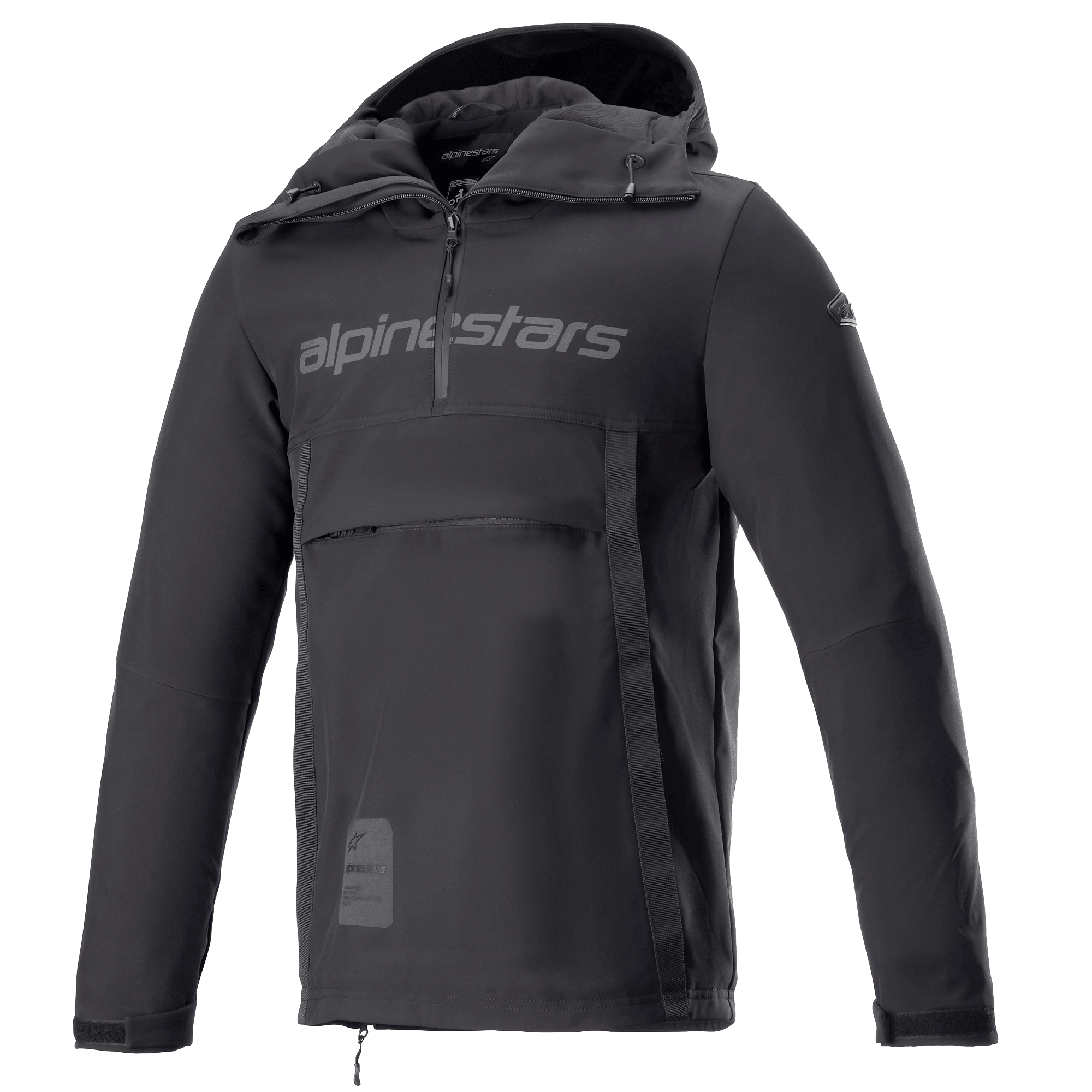 Alpinestars Sherpa Hoodie, veste anorak de moto Noir Reflex, demi-zip avec logo sur la poitrine, grande poche frontale zippée, tissu softshell technique, design urbain sportif