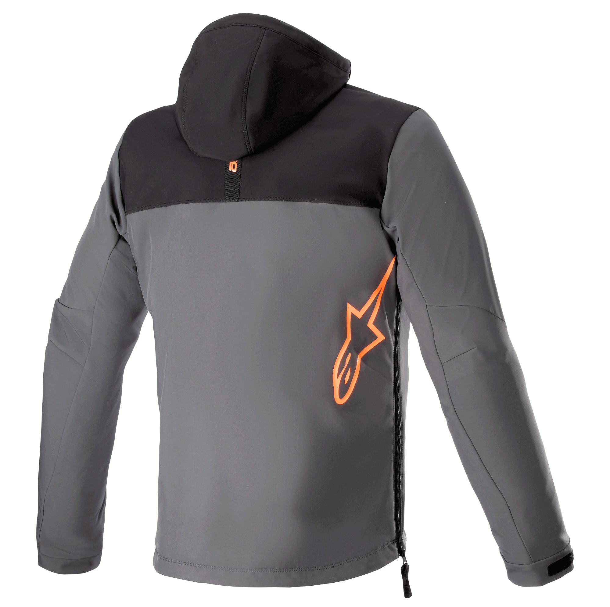 Alpinestars Sherpa Hoodie, vue de dos, veste de moto technique en noir et gris, grand logo Alpinestars orange fluo sur le bas du dos, fermeture éclair latérale, équipement de conduite urbaine en softshell