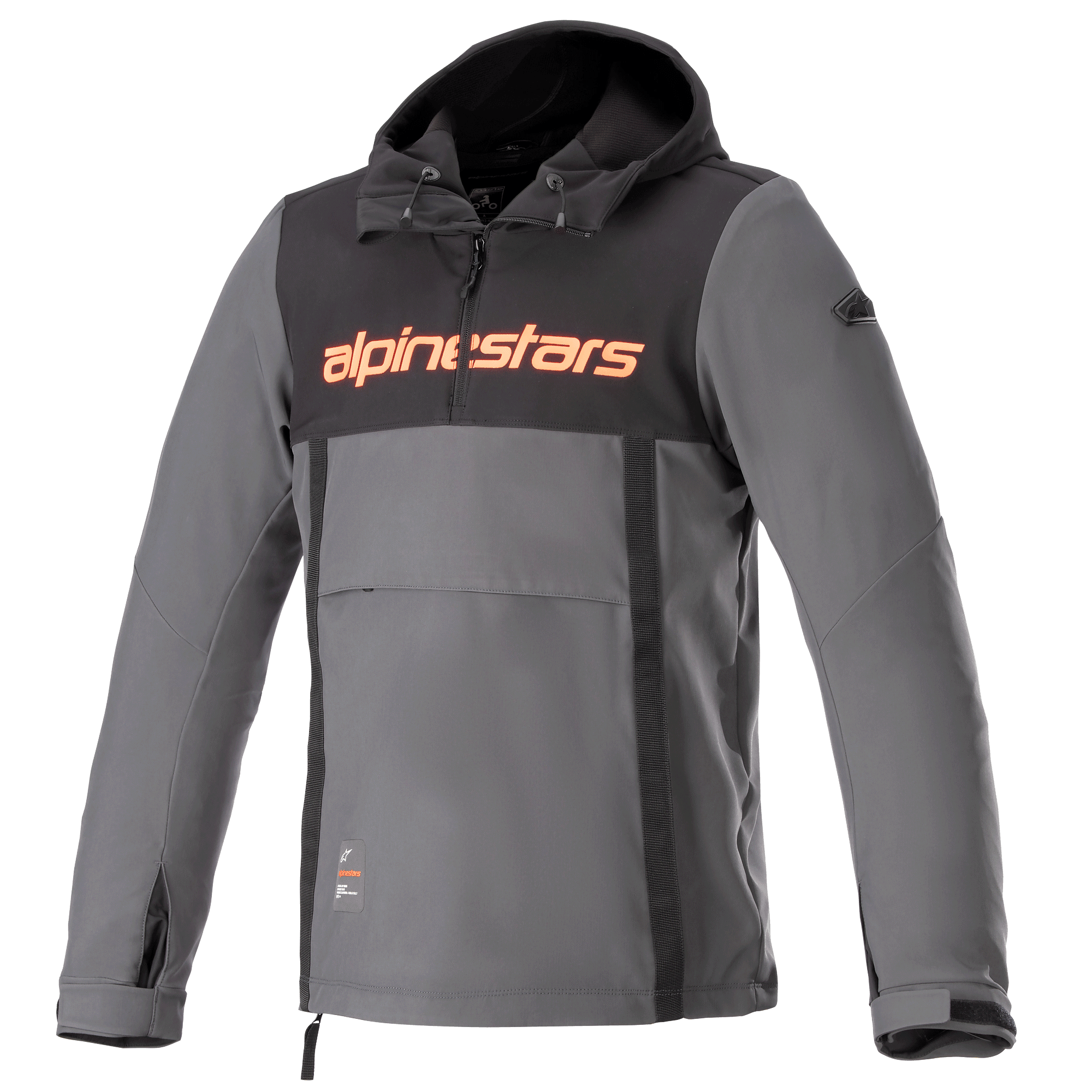 Alpinestars Sherpa Hoodie, veste de moto urbaine technique, gris avec empiècement noir sur la poitrine et logo orange, style anorak avec poche kangourou et poignets ajustables, conception softshell coupe-vent