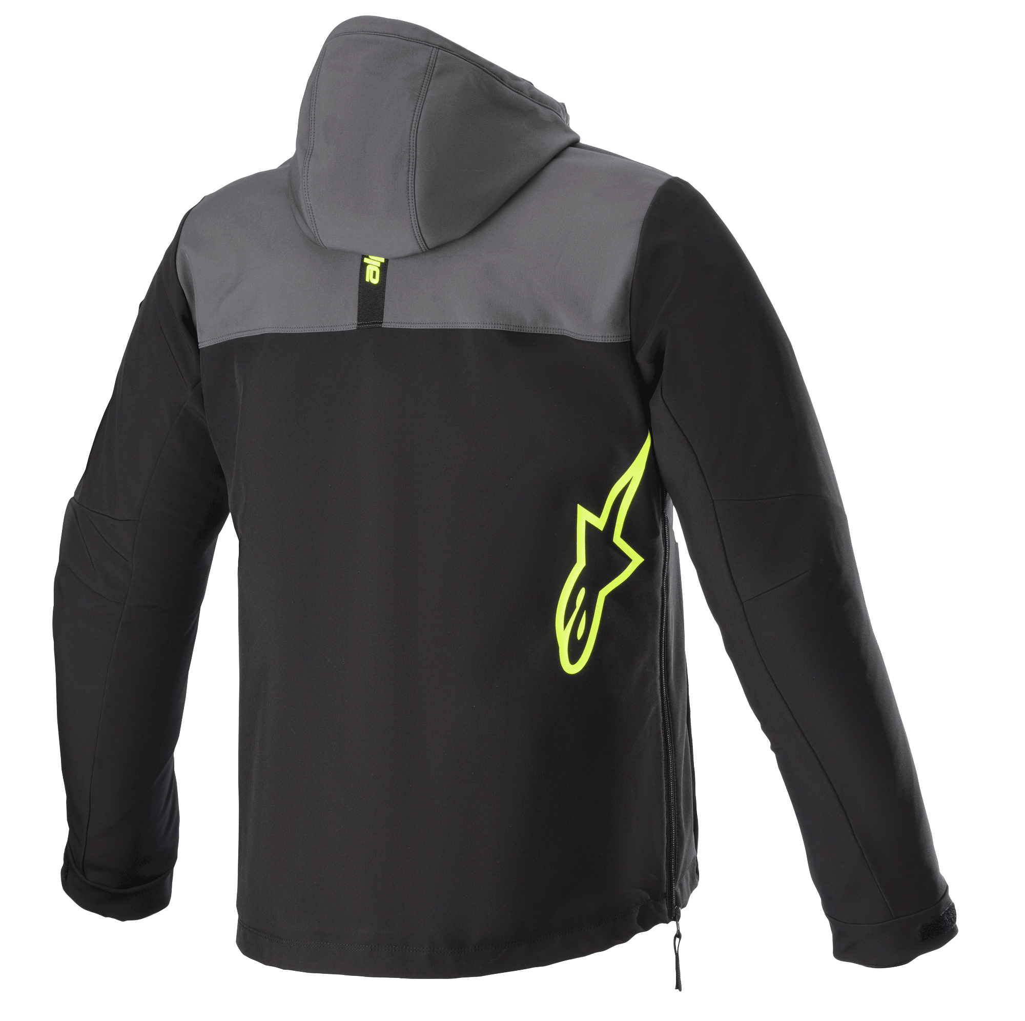 Alpinestars Sherpa Hoodie, vue arrière, gris goudron et noir avec accents jaune fluo, logo étoile jaune fluo sur le côté, veste de moto en softshell avec capuche, détail de fermeture éclair latérale, vêtement pour trajets urbains quotidiens