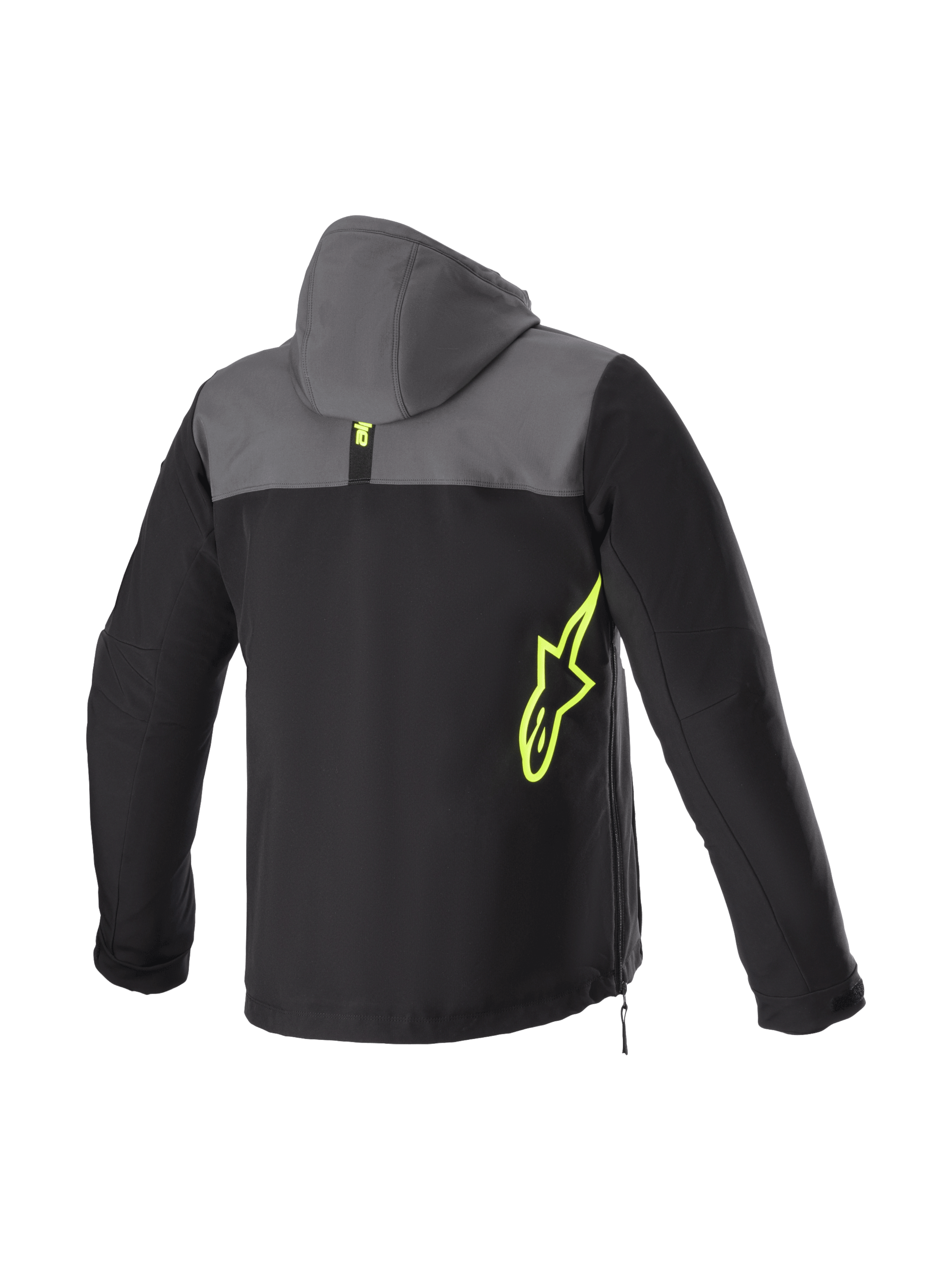 Alpinestars Veste à capuche Sherpa, veste de moto urbaine pour homme, noire et grise, logo jaune fluo, softshell, vue de dos
