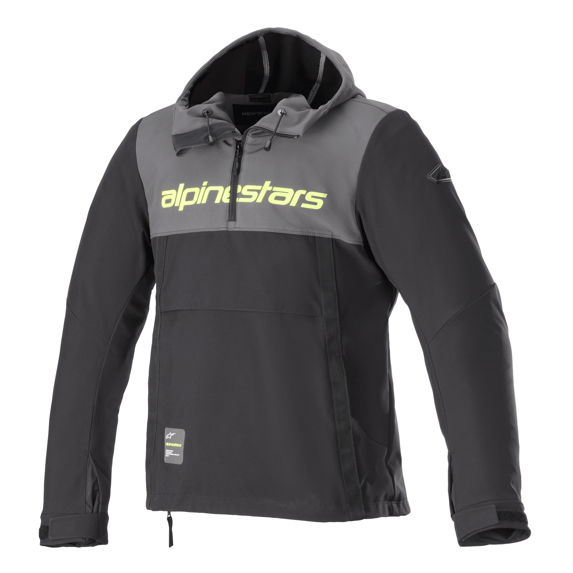 Alpinestars Sherpa Hoodie, sweat à capuche de moto technique, gris goudron et noir, logo jaune fluo sur la poitrine, style anorak à capuche avec quart de zip, veste de moto urbaine en softshell