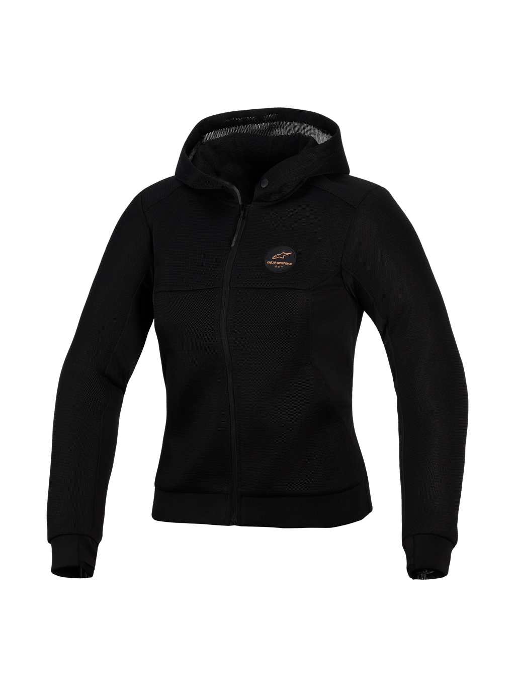 Alpinestars Stella Chrome Superairflow Hoodie, sweat à capuche technique de moto pour femme, noir, doté d'une construction en maille 3D, d'un écusson logo cuivré sur la poitrine, d'une fermeture éclair intégrale et d'une capuche, conçu pour une ventilation maximale et une protection urbaine