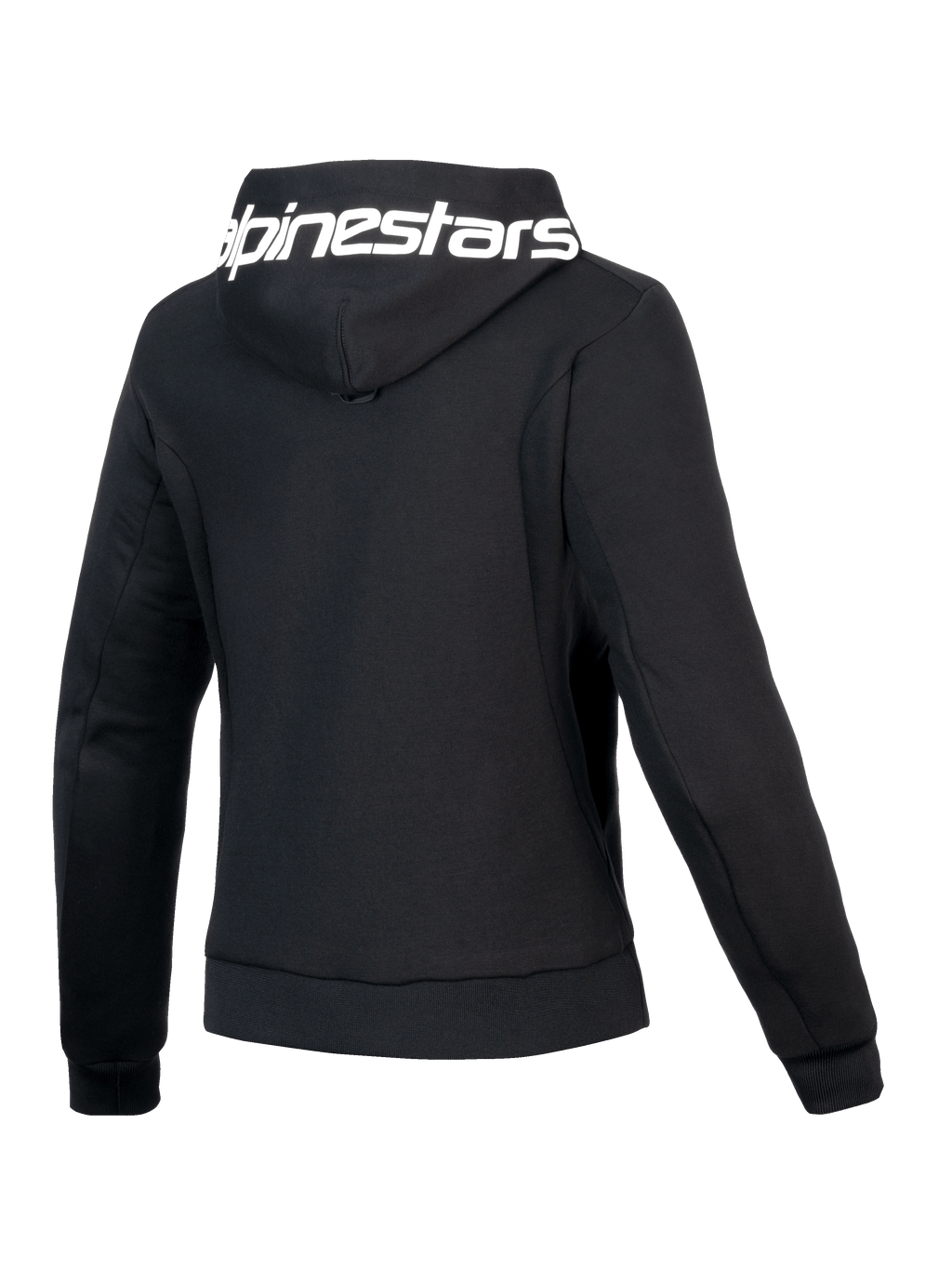 Alpinestars Sweat À Capuche Sport Stella Chrome V2, sweat à capuche moto pour femme, noir et blanc, vue de dos montrant la capuche marquée et la coupe athlétique, certifié CE Classe A